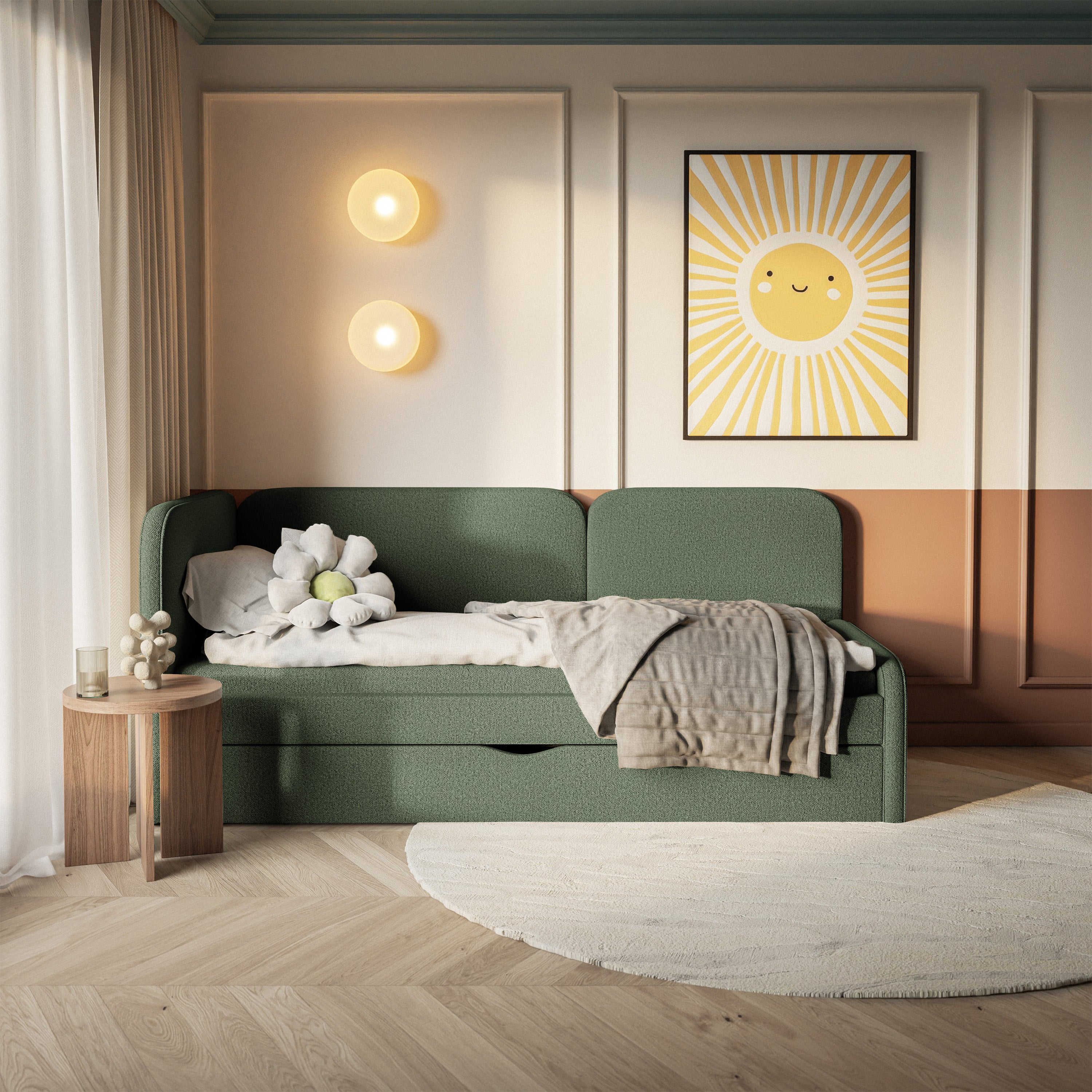 Jugendbett 90x200 cm Cuddy linksseitig mit Matratze und Stauraum, olivgrüner, leicht zu reinigender Jersey-Stoff