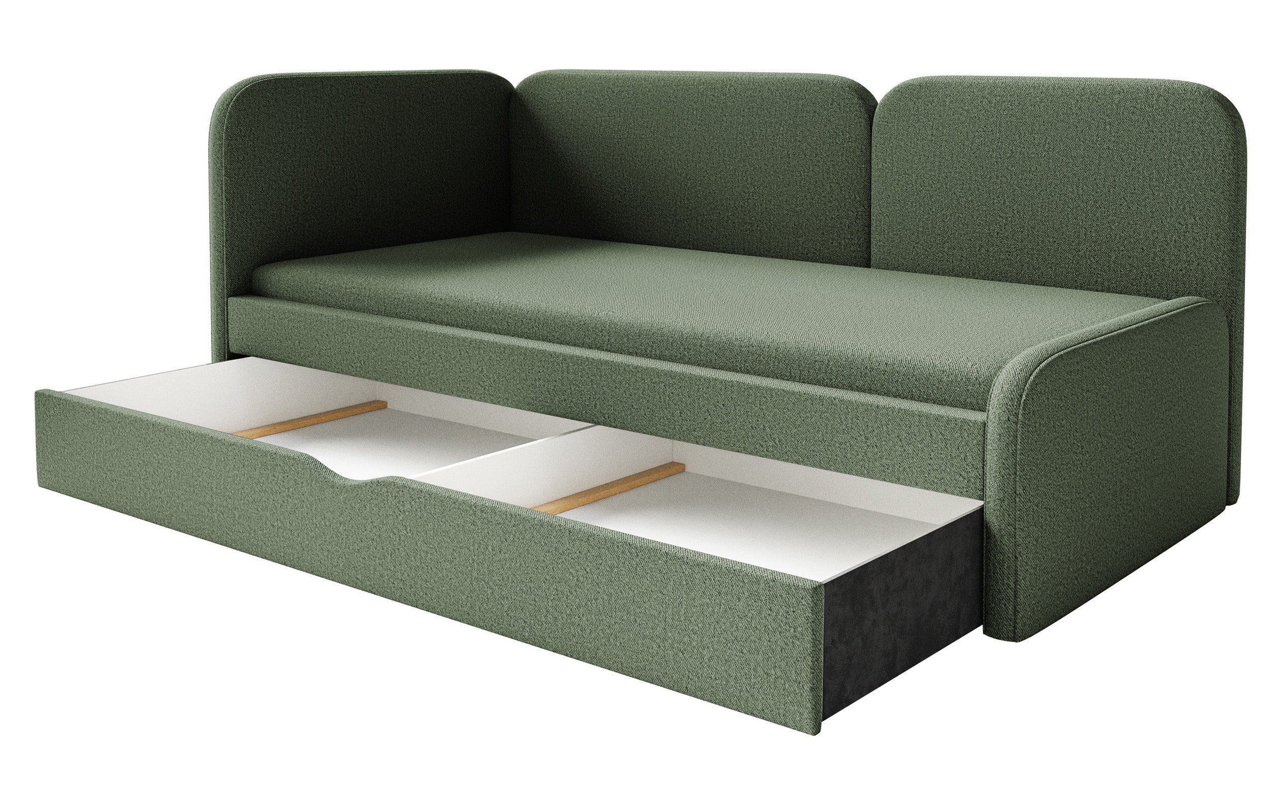 Jugendbett 90x200 cm Cuddy linksseitig mit Matratze und Stauraum, olivgrüner, leicht zu reinigender Jersey-Stoff