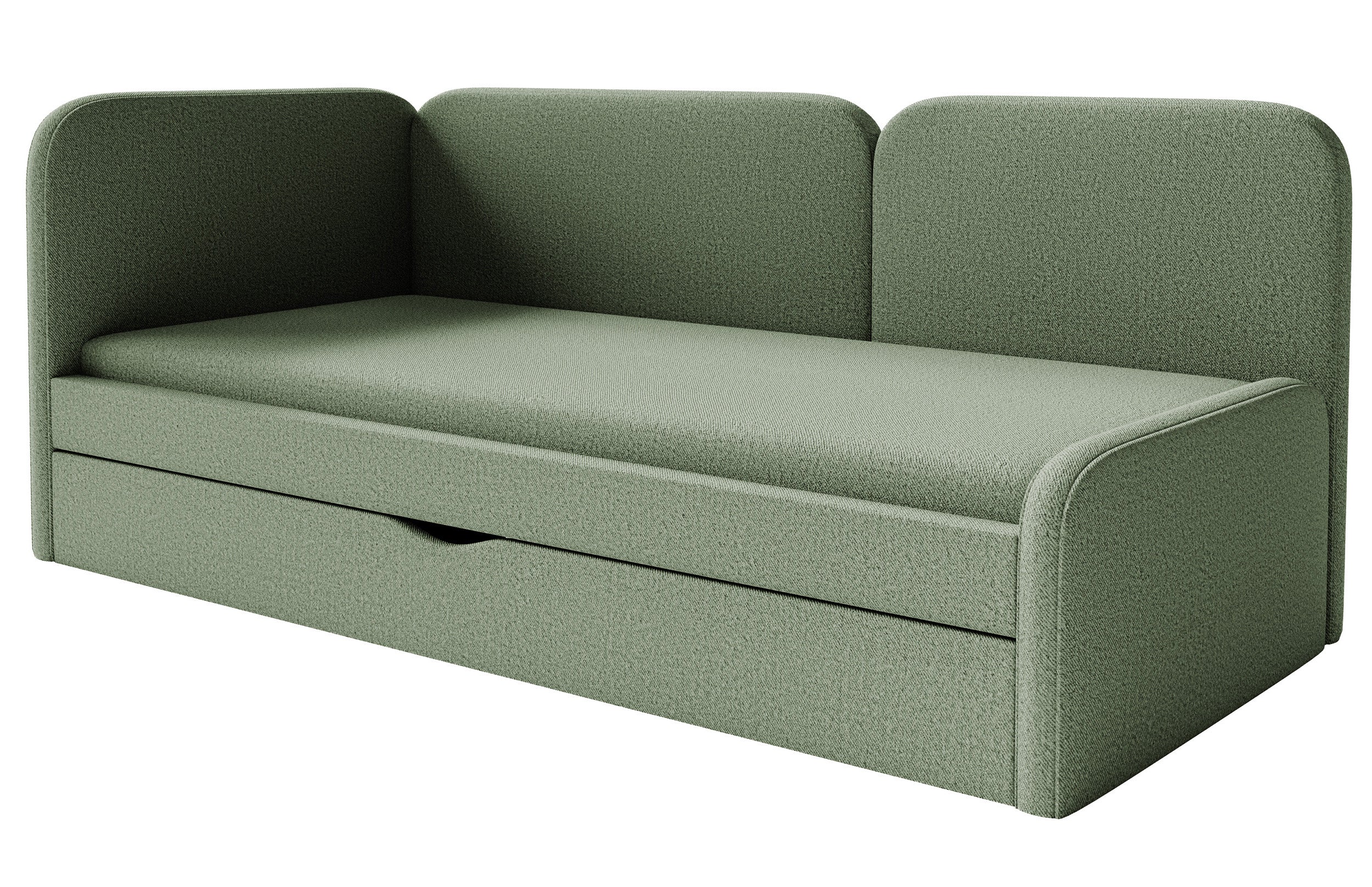 Jugendbett 90x200 cm Cuddy linksseitig mit Matratze und Stauraum, olivgrüner, leicht zu reinigender Jersey-Stoff