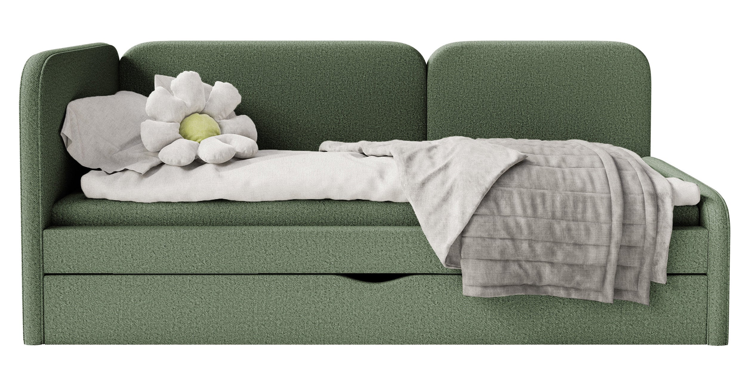 Jugendbett 90x200 cm Cuddy linksseitig mit Matratze und Stauraum, olivgrüner, leicht zu reinigender Jersey-Stoff