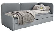Jugendbett 90x200 cm Cuddy rechtsseitig mit Matratze und Stauraum, grauer, leicht zu reinigender Strickstoff