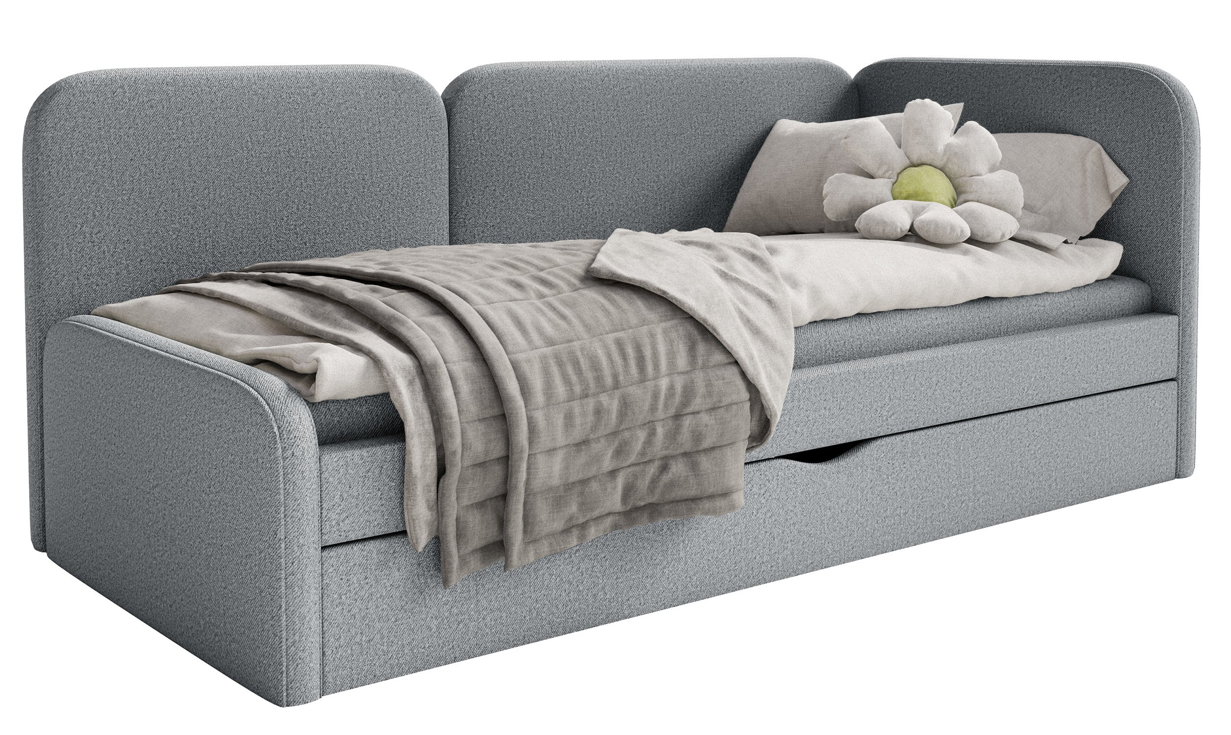 Jugendbett 90x200 cm Cuddy rechtsseitig mit Matratze und Stauraum, grauer, leicht zu reinigender Strickstoff