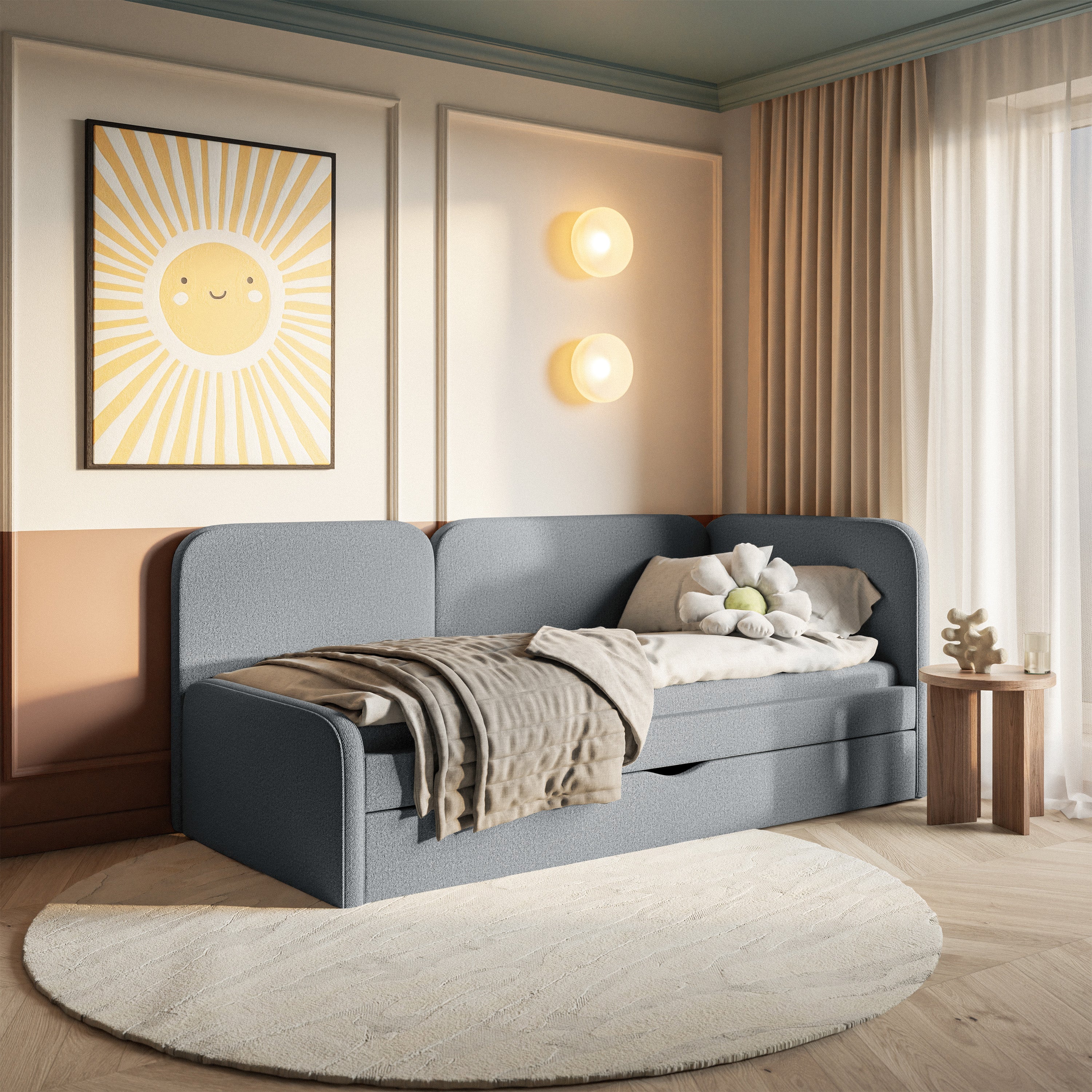 Jugendbett 90x200 cm Cuddy rechtsseitig mit Matratze und Stauraum, grauer, leicht zu reinigender Strickstoff