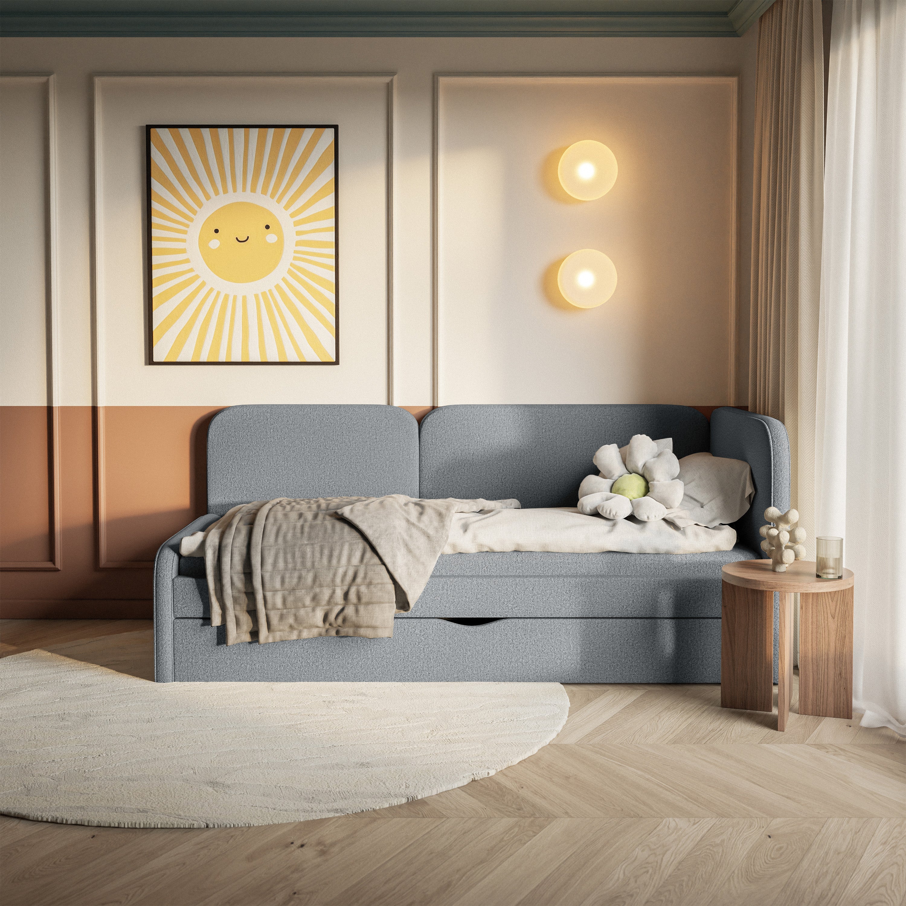 Jugendbett 90x200 cm Cuddy rechtsseitig mit Matratze und Stauraum, grauer, leicht zu reinigender Strickstoff
