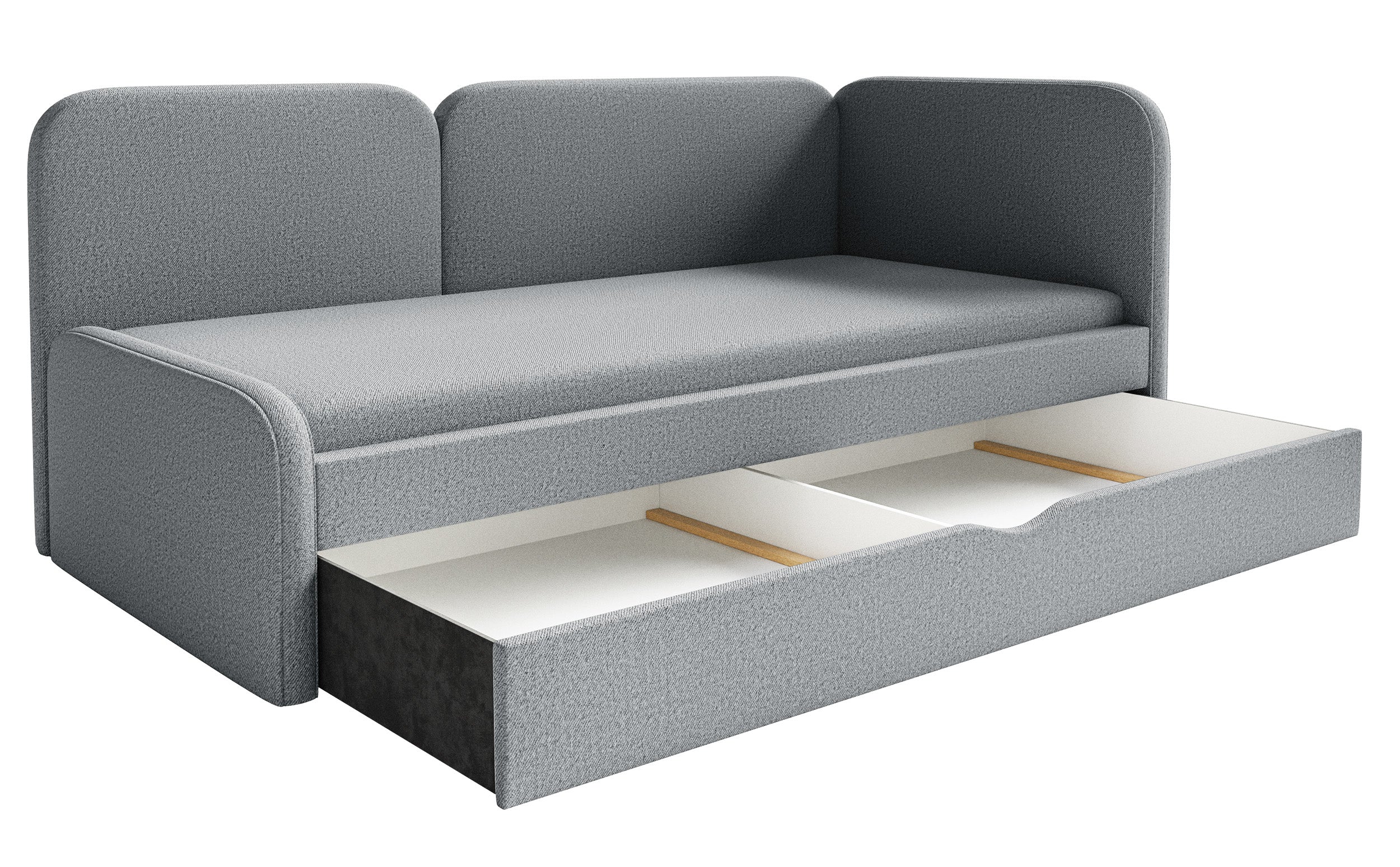 Jugendbett 90x200 cm Cuddy rechtsseitig mit Matratze und Stauraum, grauer, leicht zu reinigender Strickstoff