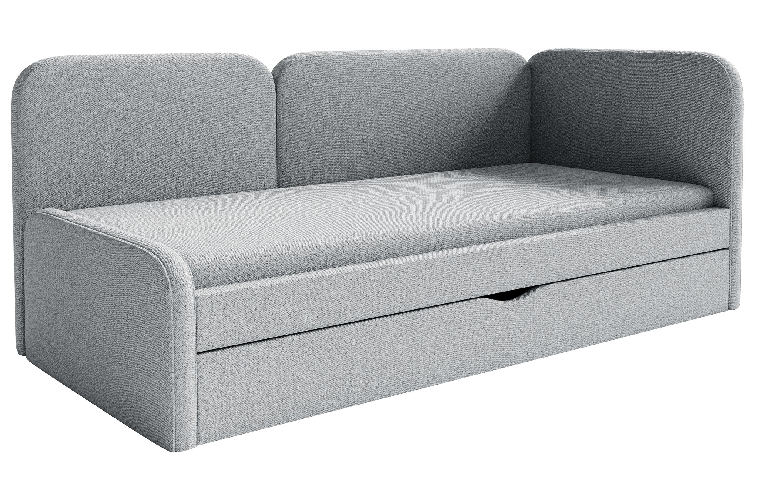 Jugendbett 90x200 cm Cuddy rechtsseitig mit Matratze und Stauraum, grauer, leicht zu reinigender Strickstoff