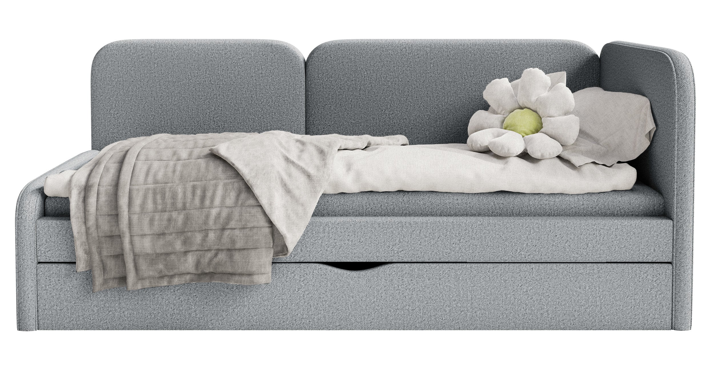 Jugendbett 90x200 cm Cuddy rechtsseitig mit Matratze und Stauraum, grauer, leicht zu reinigender Strickstoff