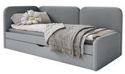 Jugendbett 90x200 cm Cuddy linksseitig mit Matratze und Bettkasten, grauer, leicht zu reinigender Strickstoff