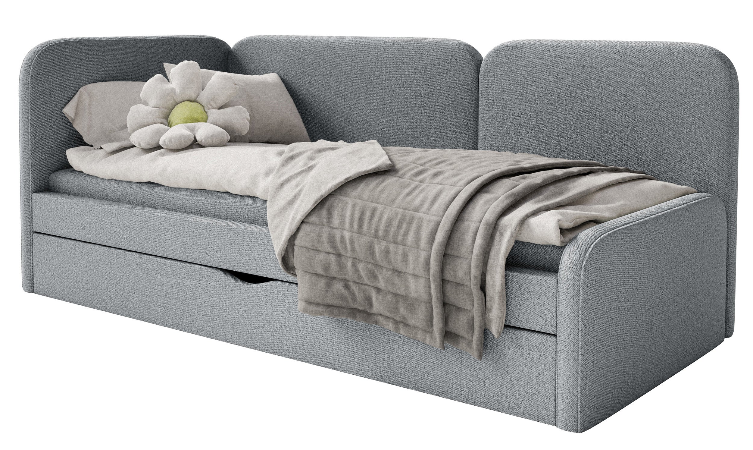 Jugendbett 90x200 cm Cuddy linksseitig mit Matratze und Bettkasten, grauer, leicht zu reinigender Strickstoff