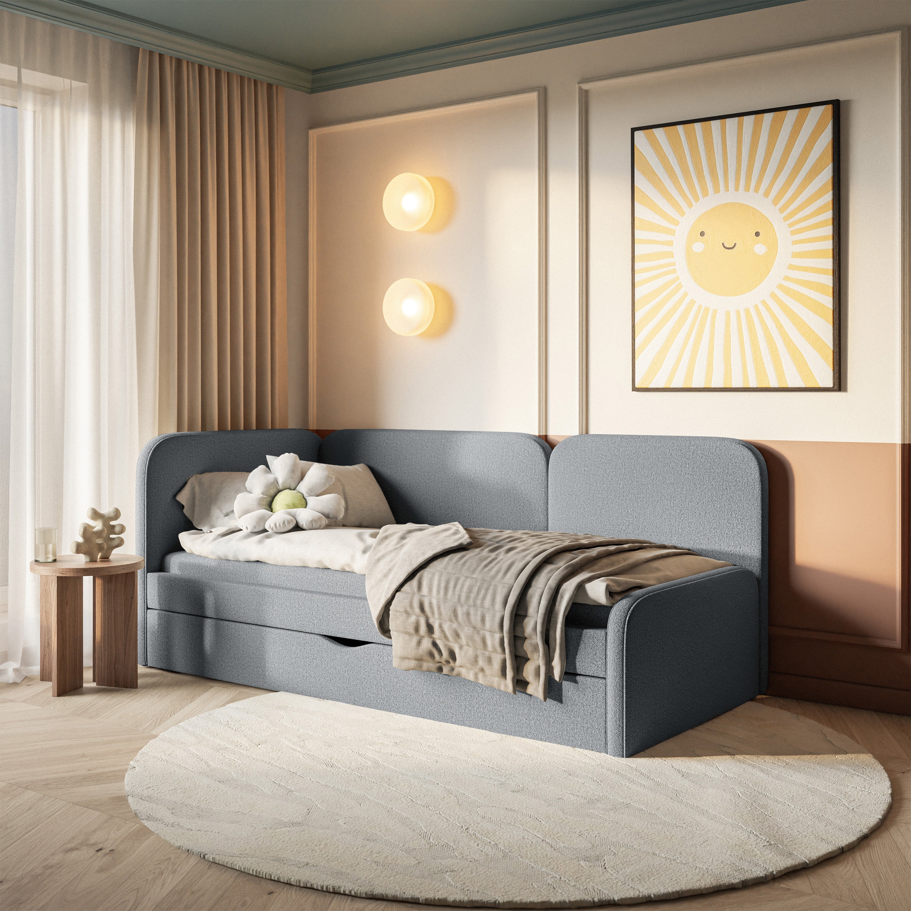 Jugendbett 90x200 cm Cuddy linksseitig mit Matratze und Bettkasten, grauer, leicht zu reinigender Strickstoff
