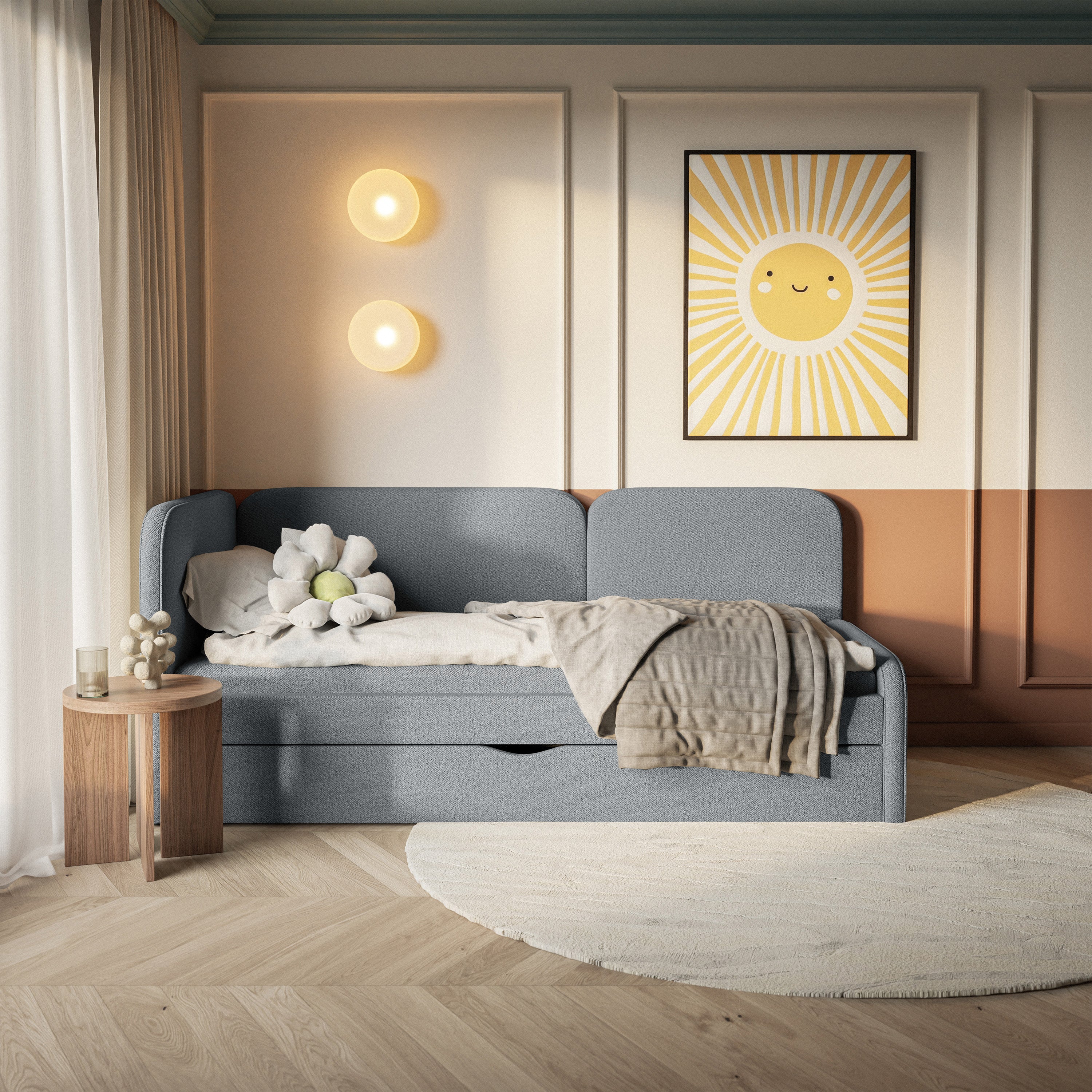 Jugendbett 90x200 cm Cuddy linksseitig mit Matratze und Bettkasten, grauer, leicht zu reinigender Strickstoff