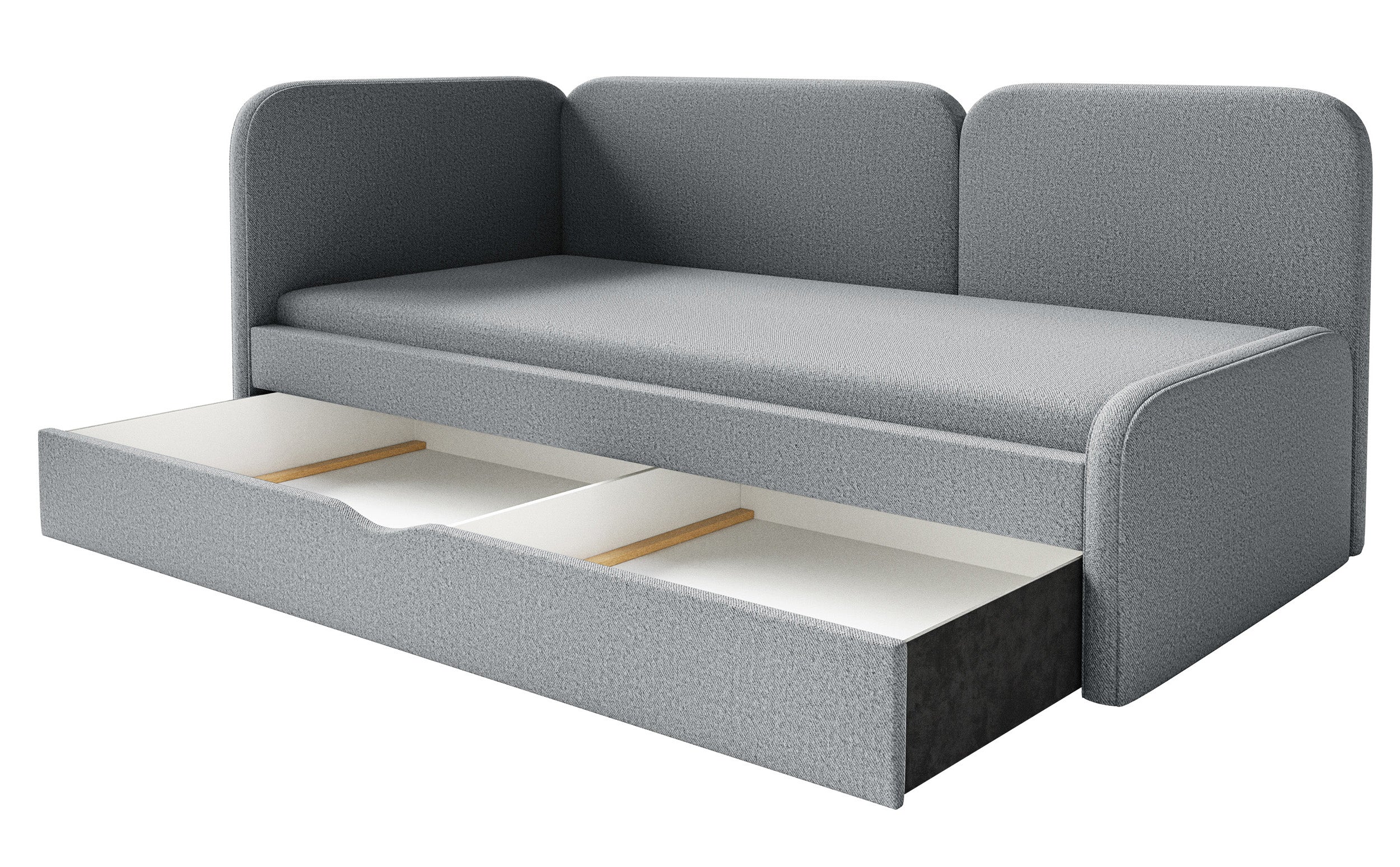 Jugendbett 90x200 cm Cuddy linksseitig mit Matratze und Bettkasten, grauer, leicht zu reinigender Strickstoff