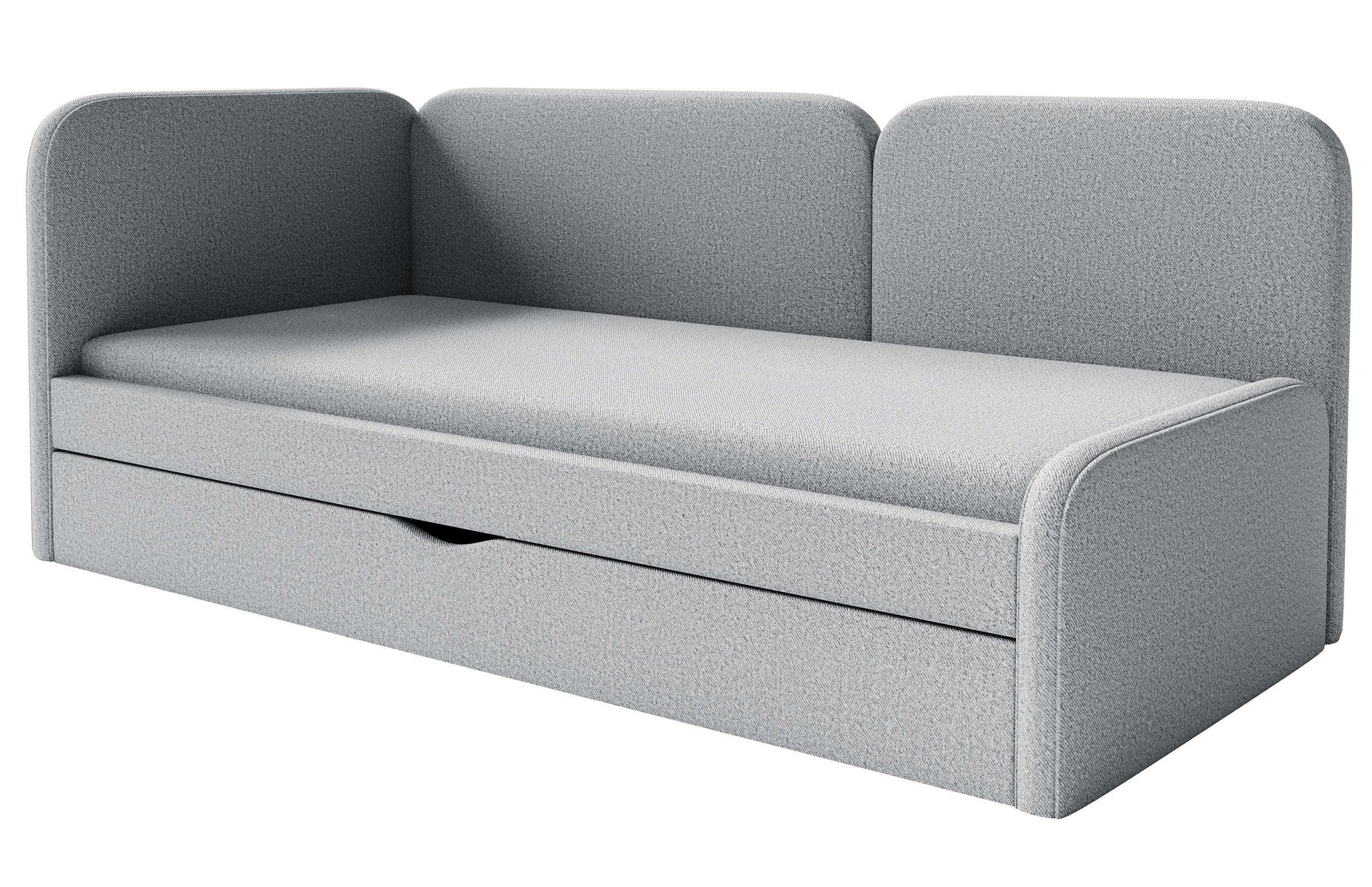 Jugendbett 90x200 cm Cuddy linksseitig mit Matratze und Bettkasten, grauer, leicht zu reinigender Strickstoff
