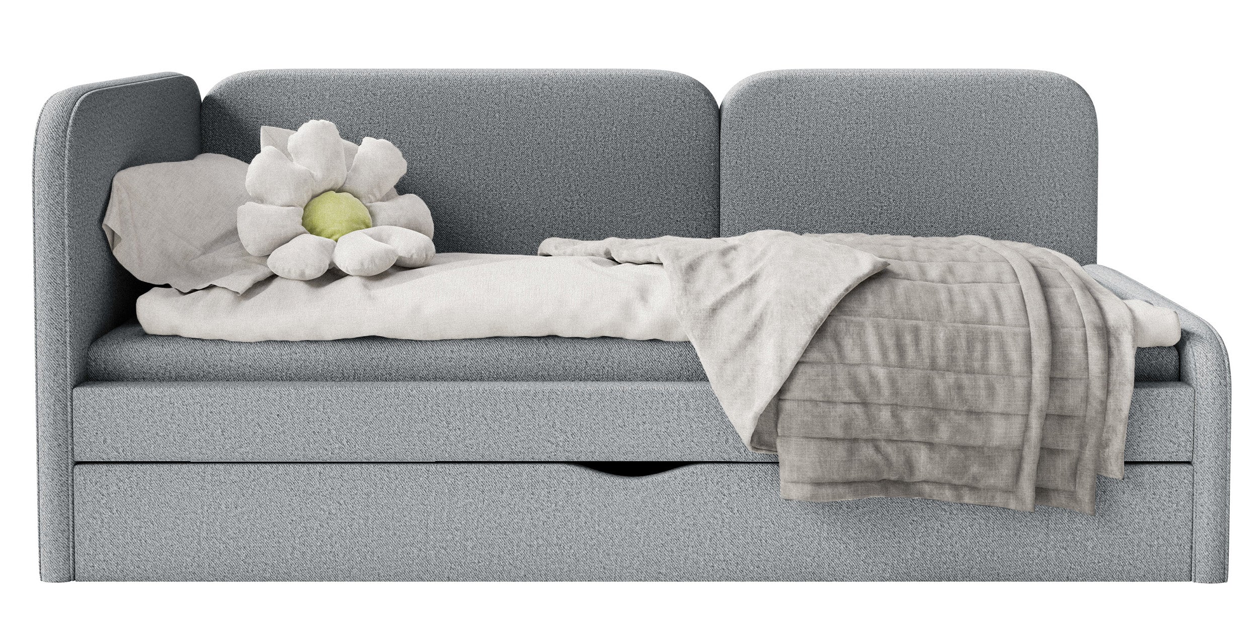 Jugendbett 90x200 cm Cuddy linksseitig mit Matratze und Bettkasten, grauer, leicht zu reinigender Strickstoff