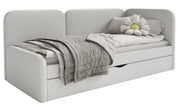 Jugendbett 90x200 cm Cuddy rechtsseitig mit Matratze und Stauraum, grau-beige, pflegeleichter Strickstoff