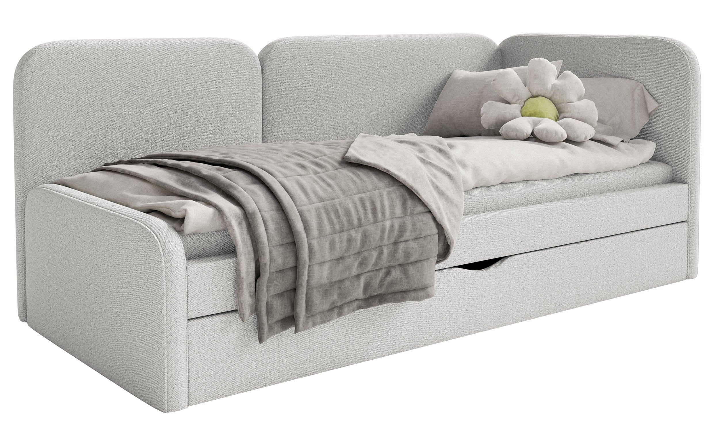 Jugendbett 90x200 cm Cuddy rechtsseitig mit Matratze und Stauraum, grau-beige, pflegeleichter Strickstoff