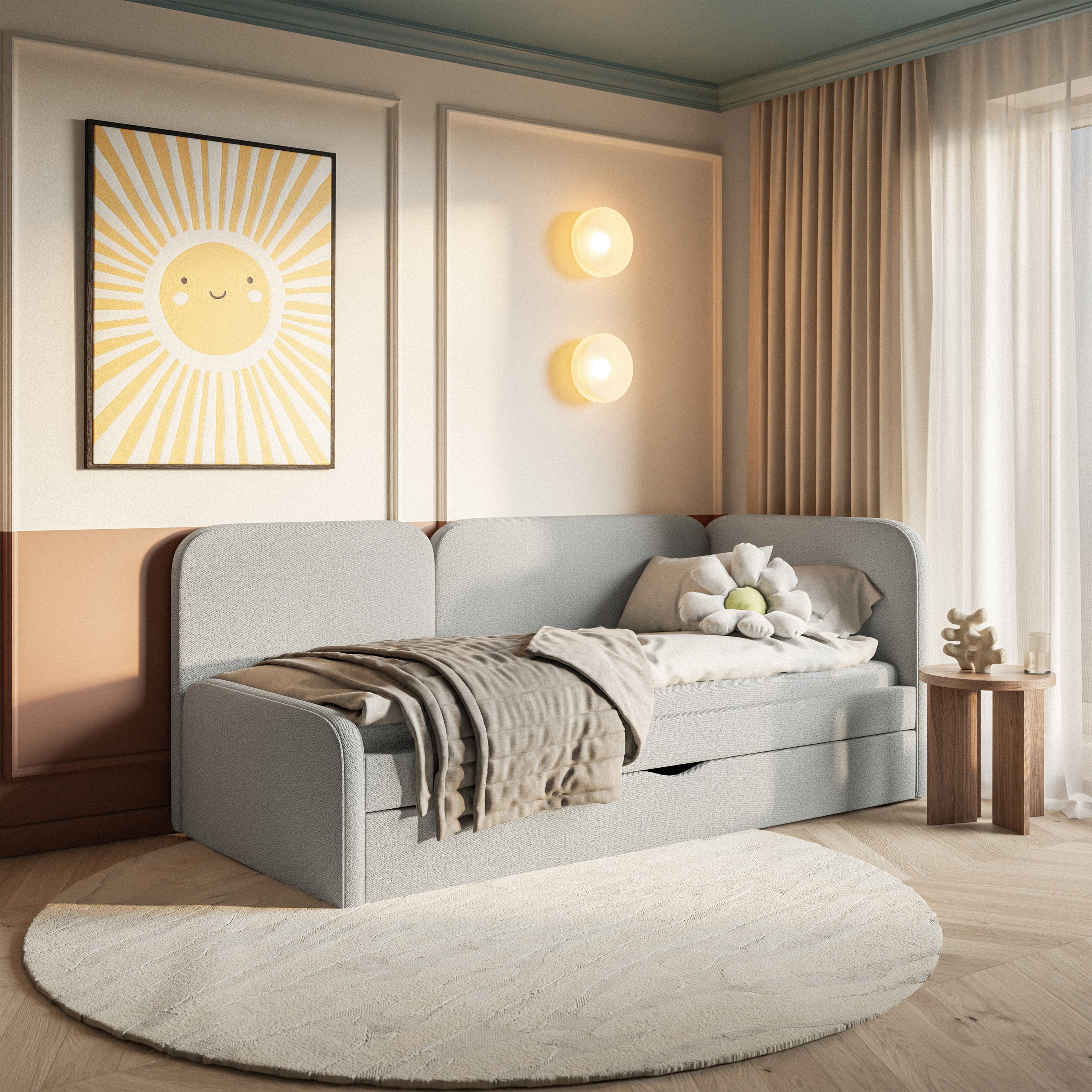 Jugendbett 90x200 cm Cuddy rechtsseitig mit Matratze und Stauraum, grau-beige, pflegeleichter Strickstoff