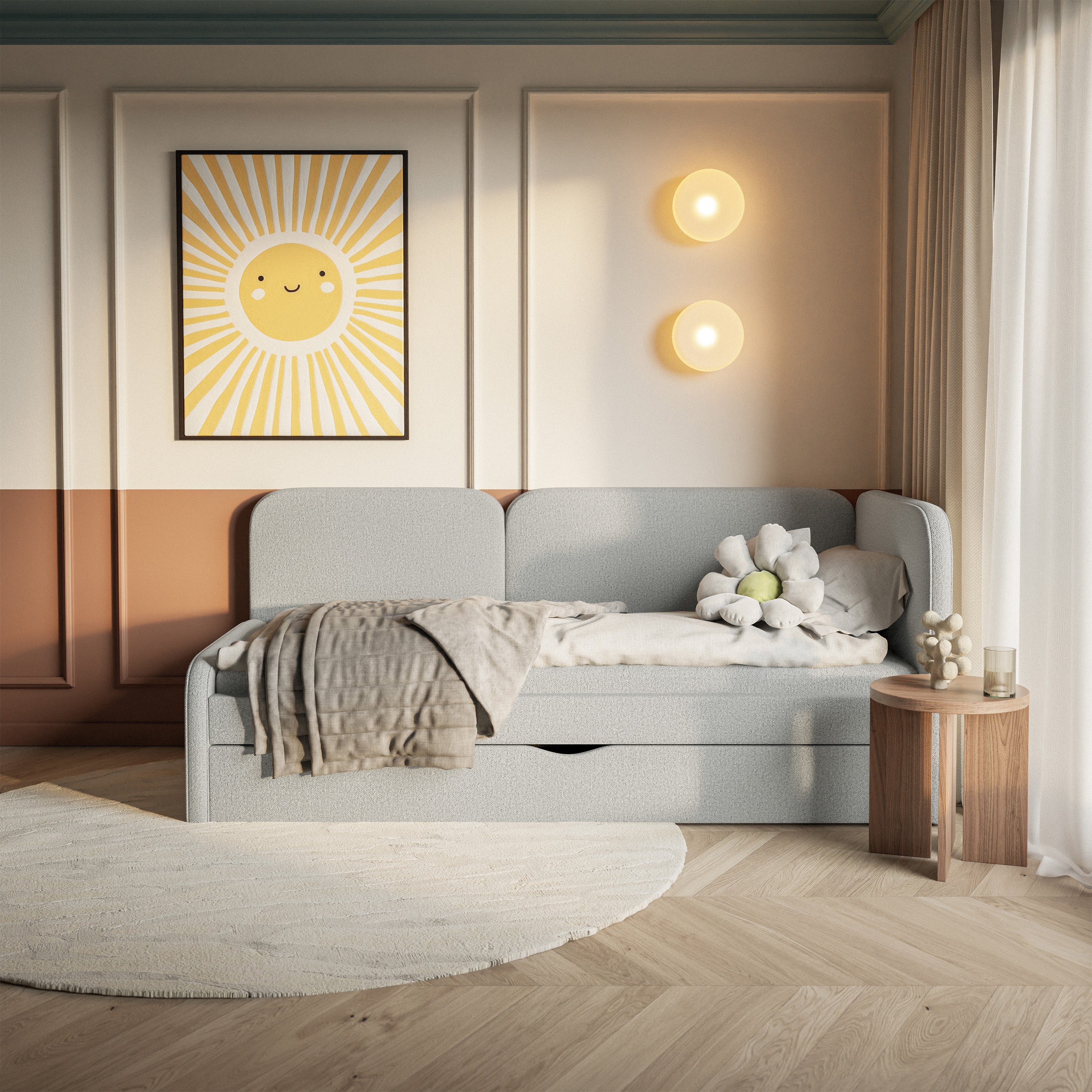 Jugendbett 90x200 cm Cuddy rechtsseitig mit Matratze und Stauraum, grau-beige, pflegeleichter Strickstoff