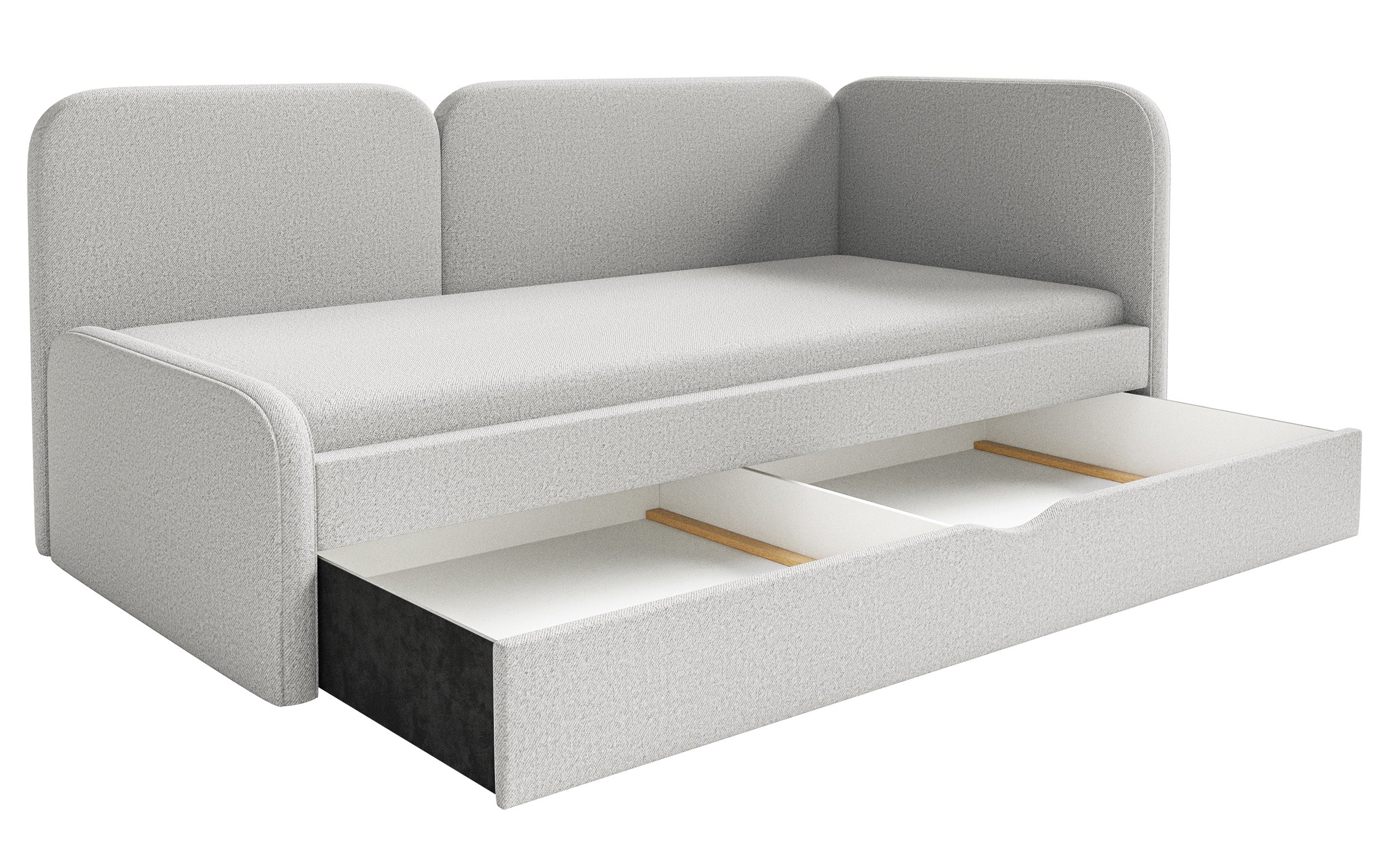 Jugendbett 90x200 cm Cuddy rechtsseitig mit Matratze und Stauraum, grau-beige, pflegeleichter Strickstoff