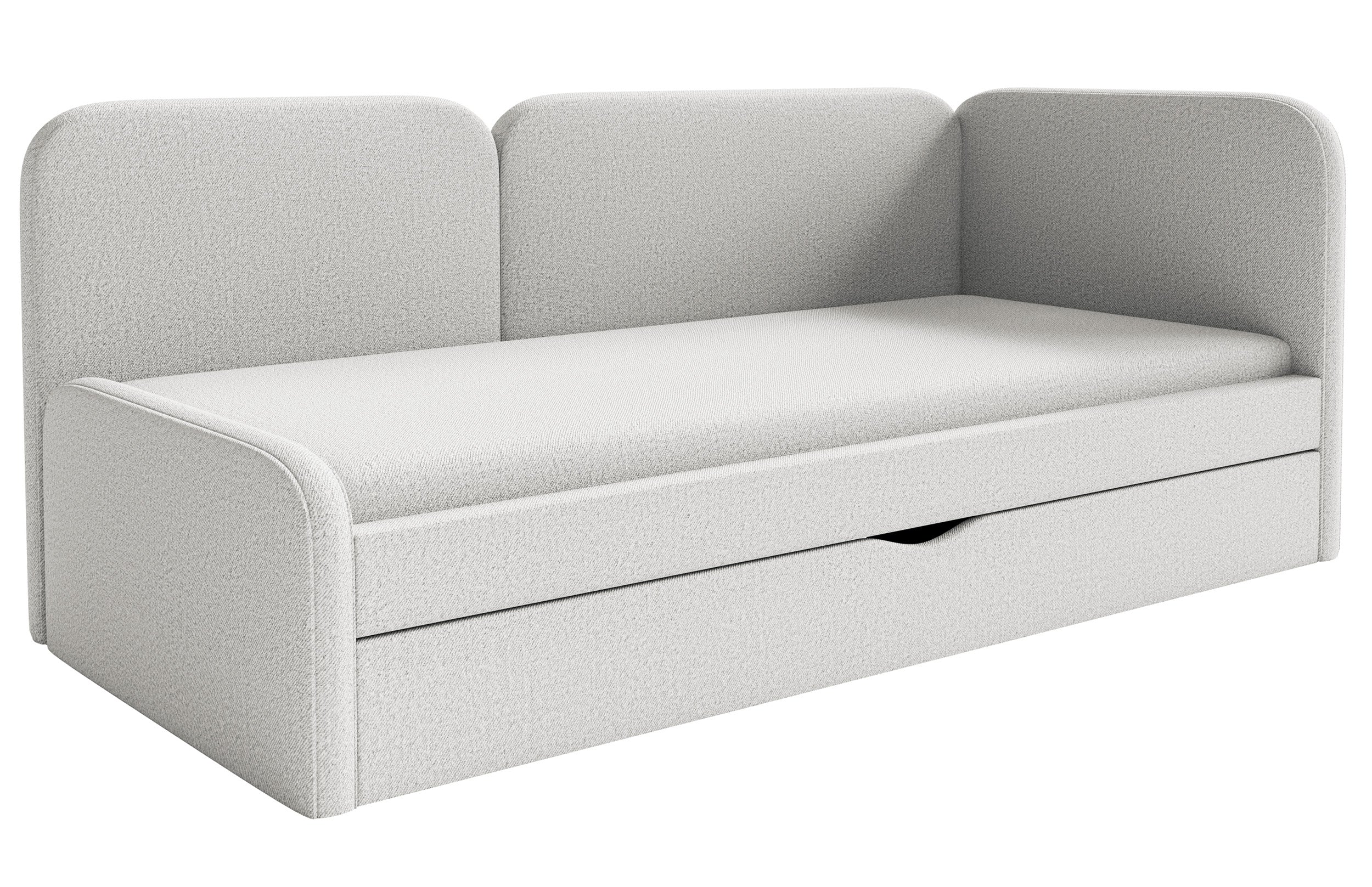 Jugendbett 90x200 cm Cuddy rechtsseitig mit Matratze und Stauraum, grau-beige, pflegeleichter Strickstoff