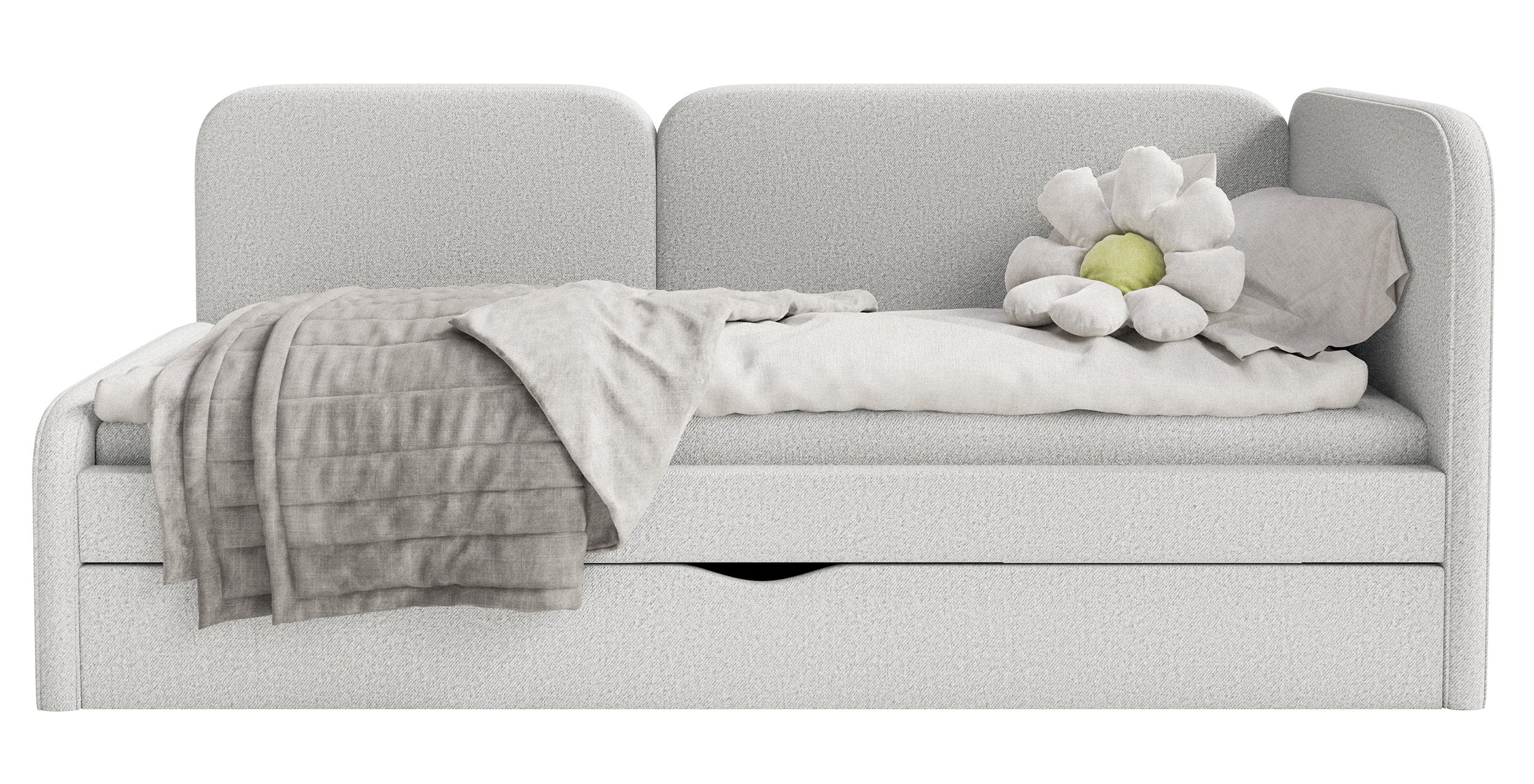 Jugendbett 90x200 cm Cuddy rechtsseitig mit Matratze und Stauraum, grau-beige, pflegeleichter Strickstoff