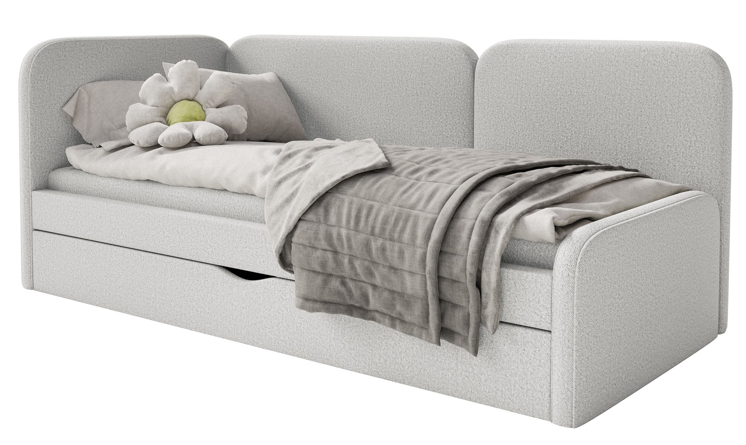 Jugendbett 90x200 cm Cuddy linksseitig mit Matratze und Stauraum, grau-beige, leicht zu reinigender Strickstoff