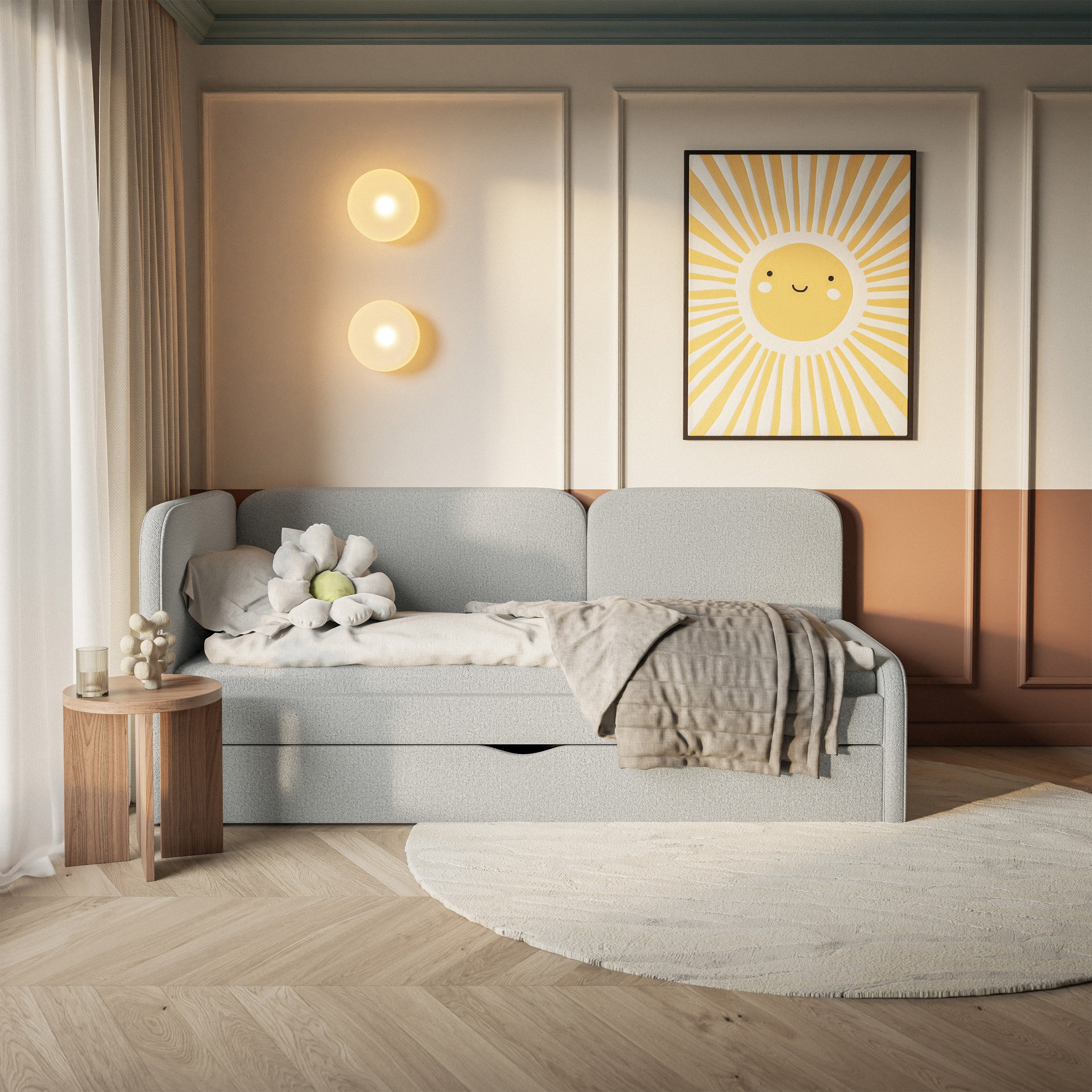 Jugendbett 90x200 cm Cuddy linksseitig mit Matratze und Stauraum, grau-beige, leicht zu reinigender Strickstoff