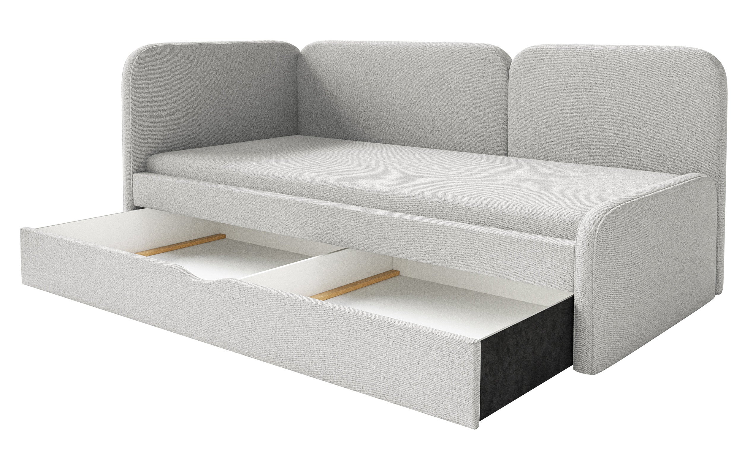 Jugendbett 90x200 cm Cuddy linksseitig mit Matratze und Stauraum, grau-beige, leicht zu reinigender Strickstoff
