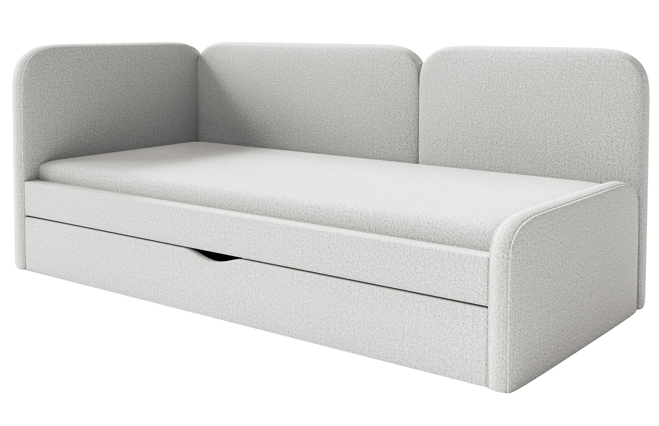 Jugendbett 90x200 cm Cuddy linksseitig mit Matratze und Stauraum, grau-beige, leicht zu reinigender Strickstoff