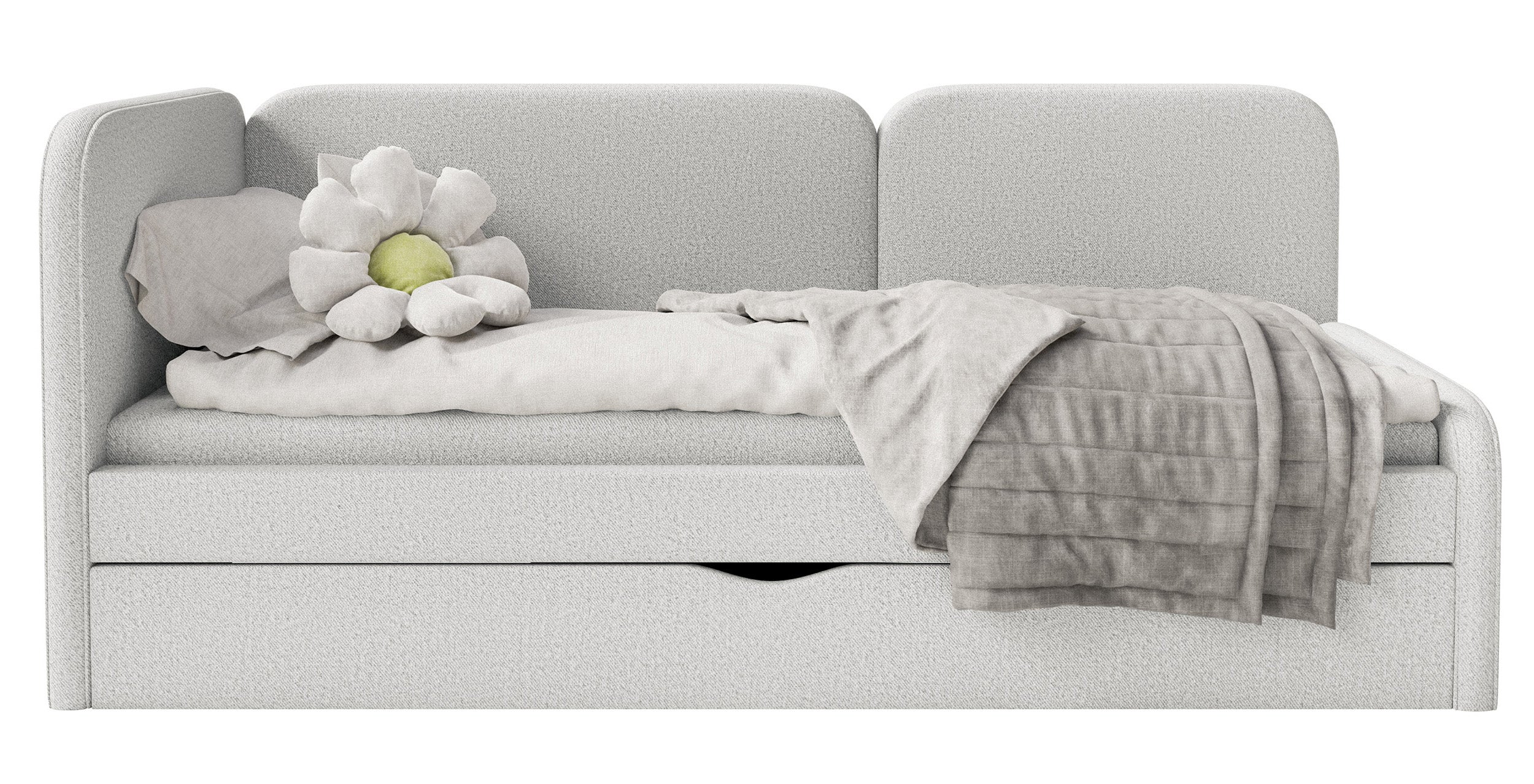 Jugendbett 90x200 cm Cuddy linksseitig mit Matratze und Stauraum, grau-beige, leicht zu reinigender Strickstoff