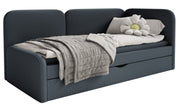 Jugendbett 90x200 cm Cuddy rechtsseitig mit Matratze und Stauraum, marineblauer pflegeleichter Strickstoff