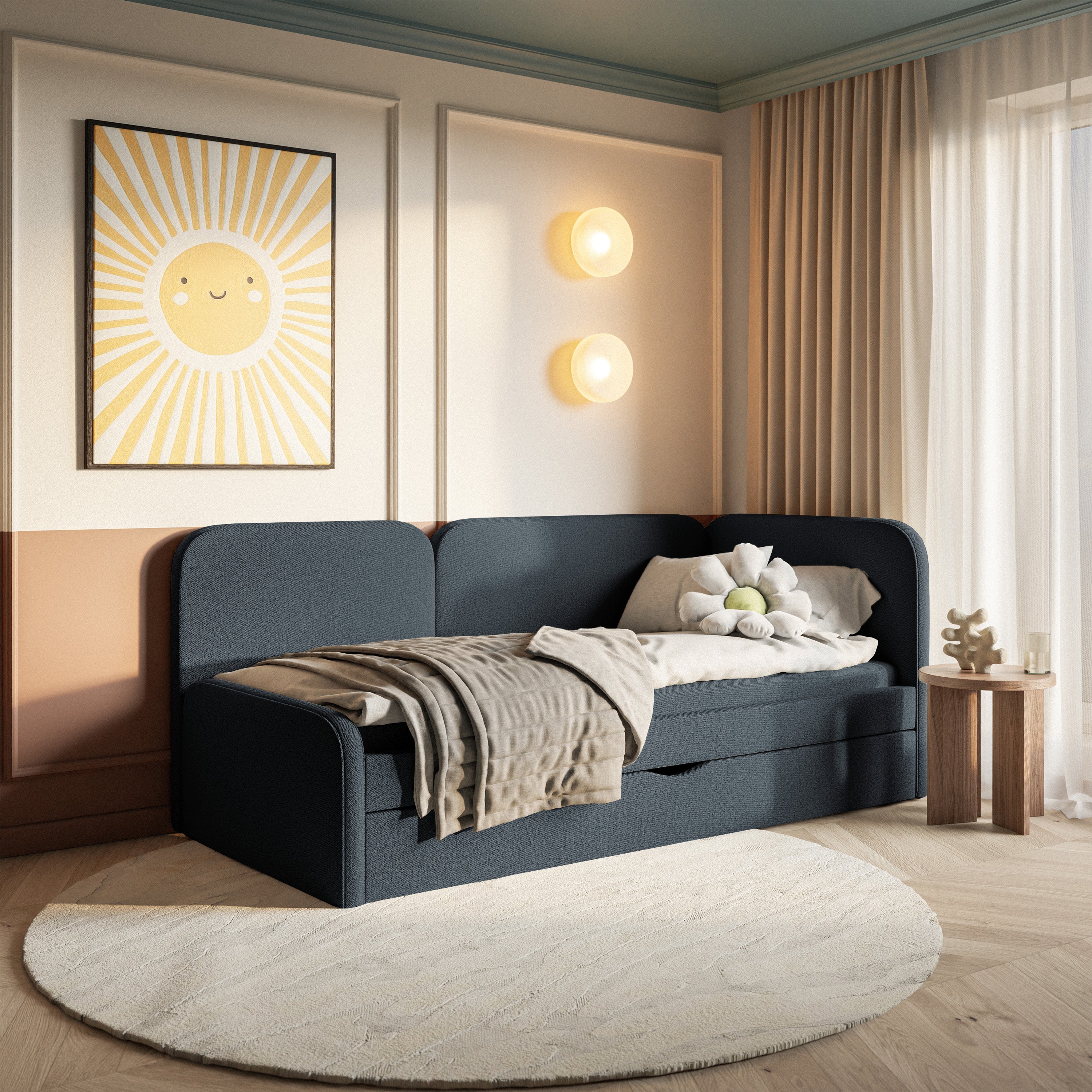 Jugendbett 90x200 cm Cuddy rechtsseitig mit Matratze und Stauraum, marineblauer pflegeleichter Strickstoff