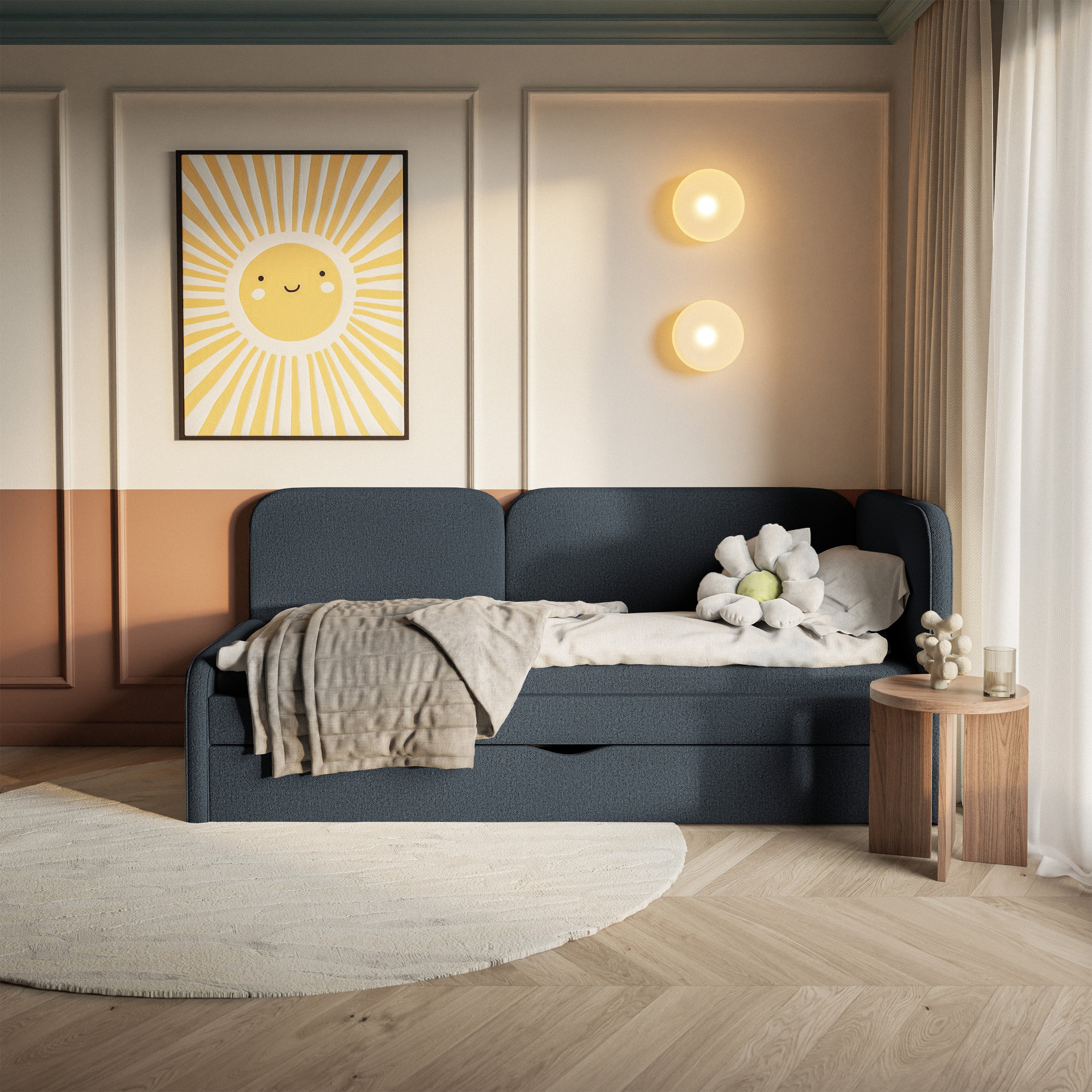 Jugendbett 90x200 cm Cuddy rechtsseitig mit Matratze und Stauraum, marineblauer pflegeleichter Strickstoff