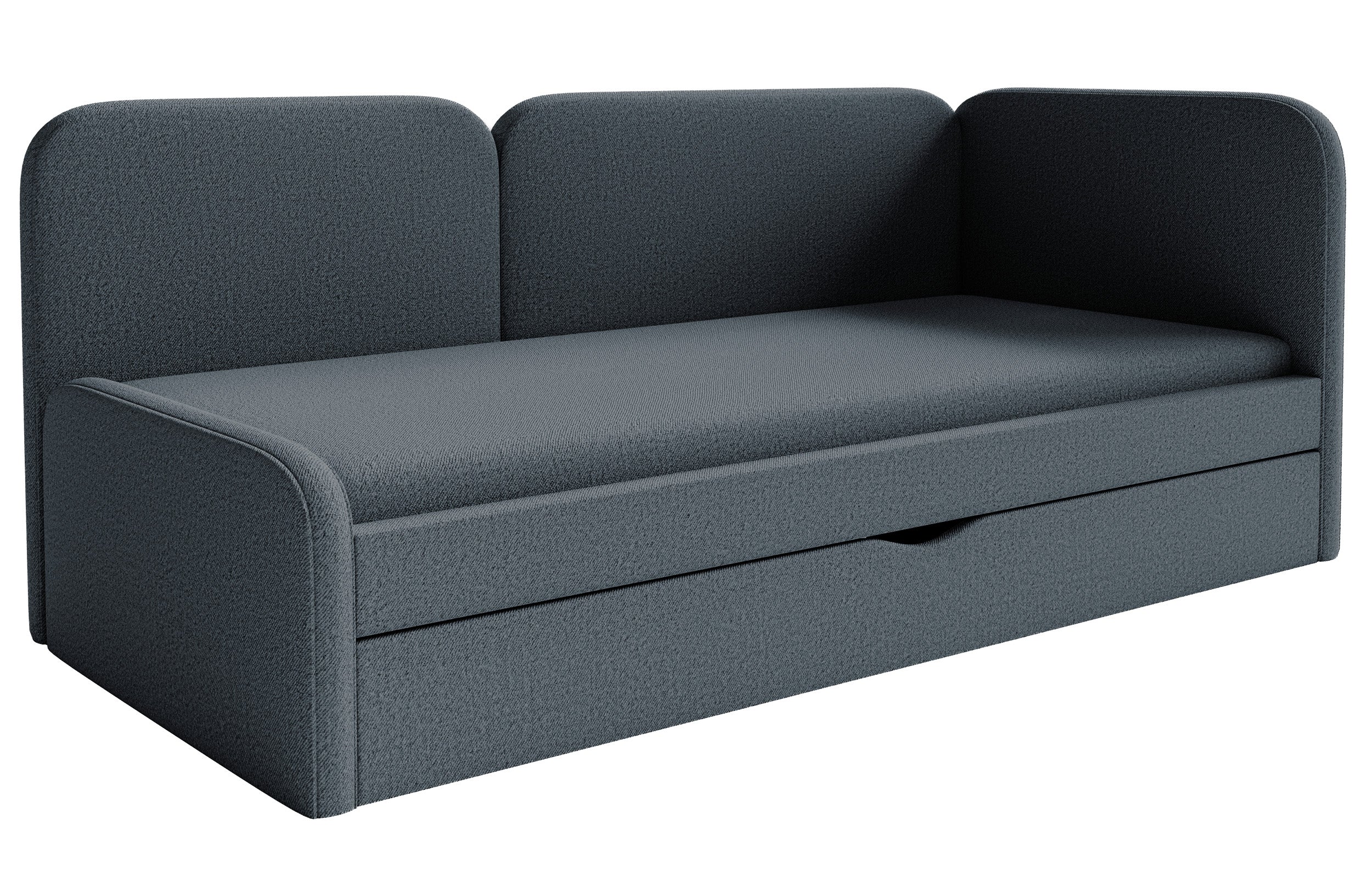 Jugendbett 90x200 cm Cuddy rechtsseitig mit Matratze und Stauraum, marineblauer pflegeleichter Strickstoff
