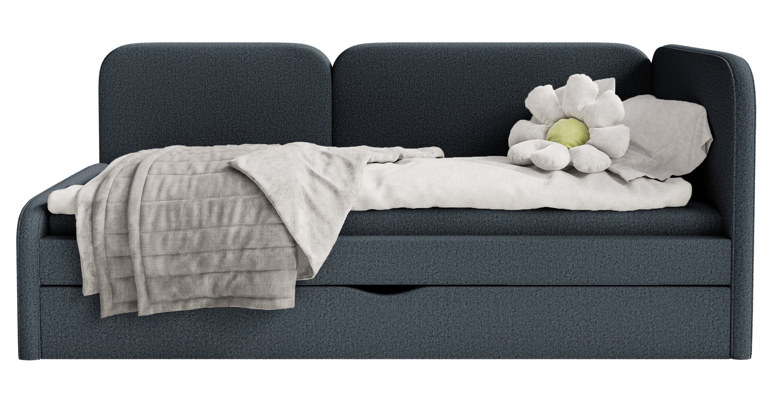 Jugendbett 90x200 cm Cuddy rechtsseitig mit Matratze und Stauraum, marineblauer pflegeleichter Strickstoff