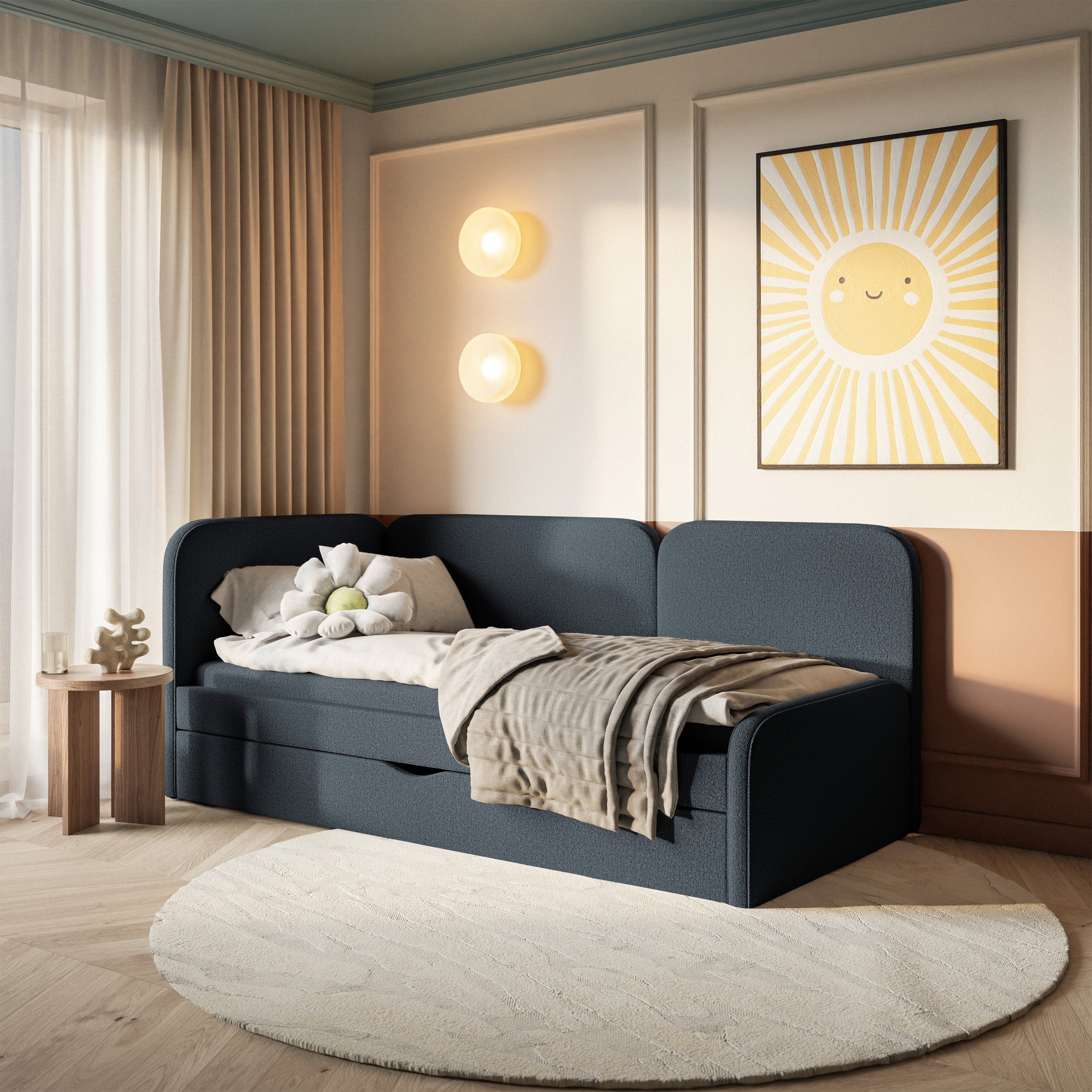 Jugendbett 90x200 cm Cuddy linksseitig mit Matratze und Stauraum, marineblauer, pflegeleichter Jersey-Stoff