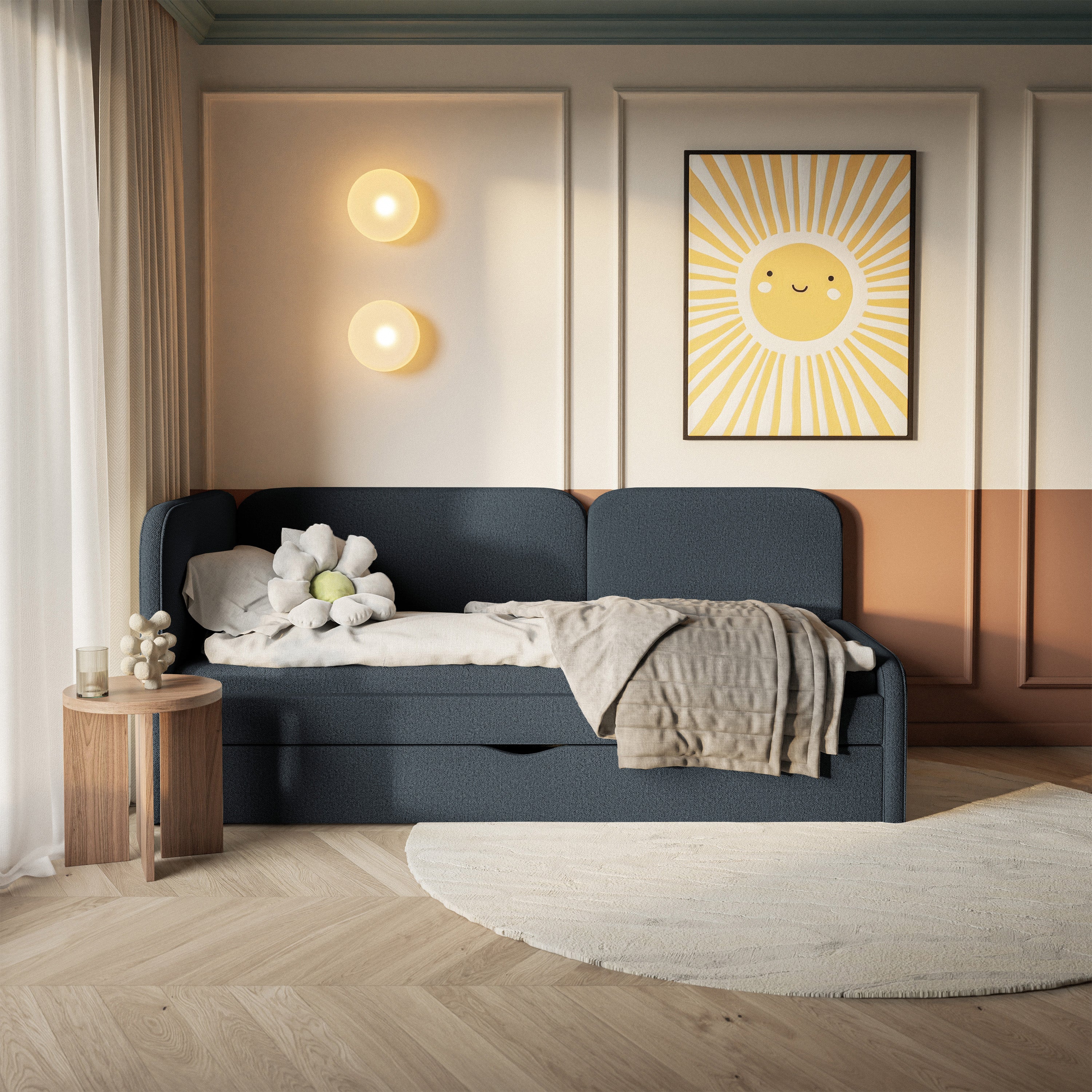 Jugendbett 90x200 cm Cuddy linksseitig mit Matratze und Stauraum, marineblauer, pflegeleichter Jersey-Stoff
