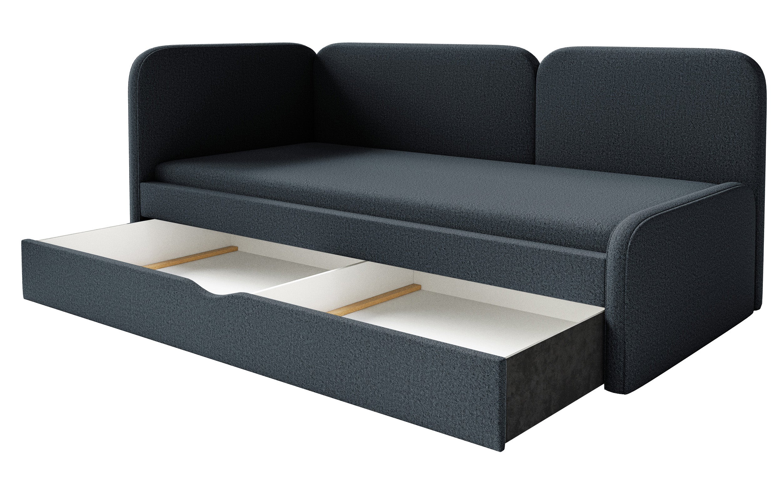 Jugendbett 90x200 cm Cuddy linksseitig mit Matratze und Stauraum, marineblauer, pflegeleichter Jersey-Stoff