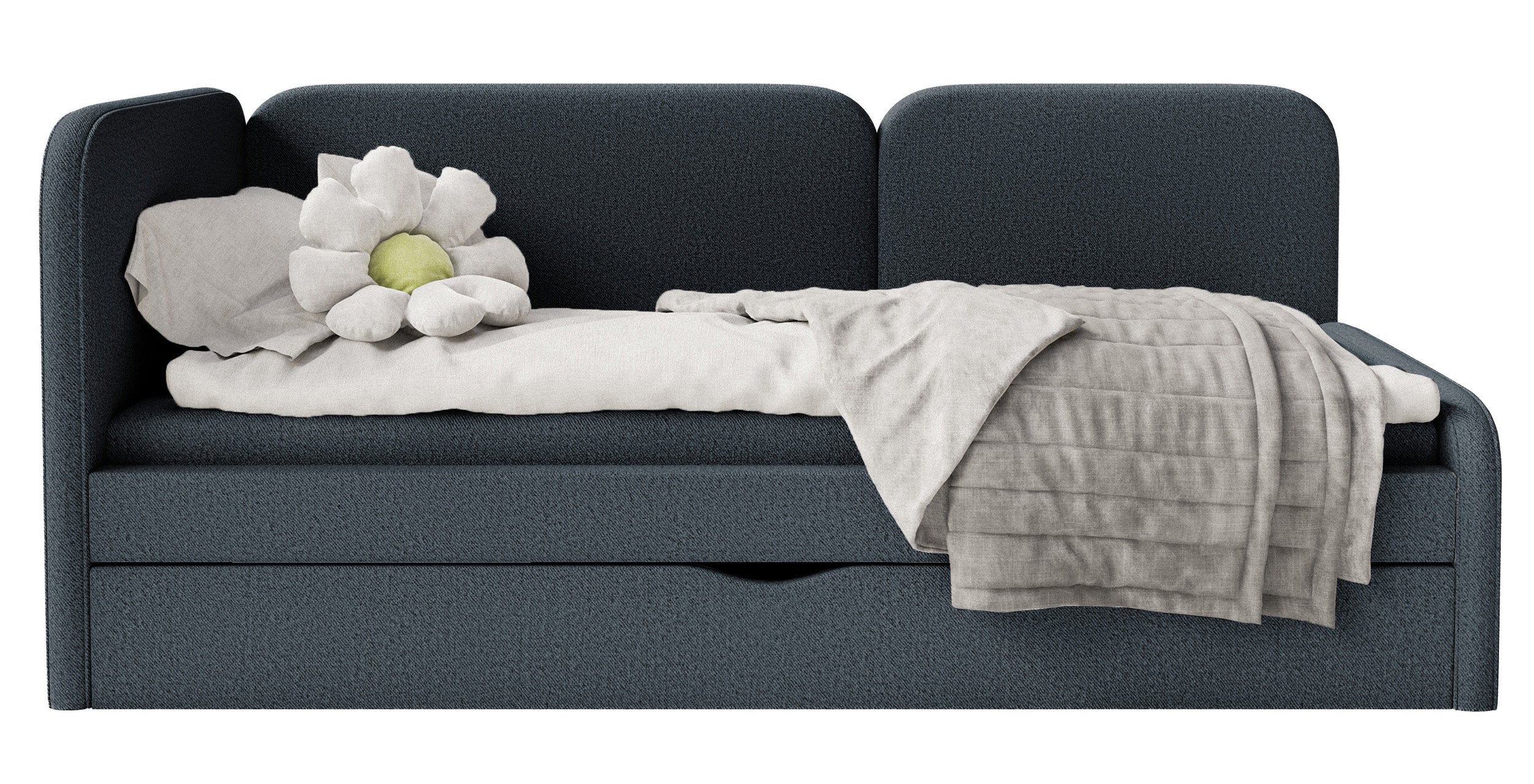 Jugendbett 90x200 cm Cuddy linksseitig mit Matratze und Stauraum, marineblauer, pflegeleichter Jersey-Stoff