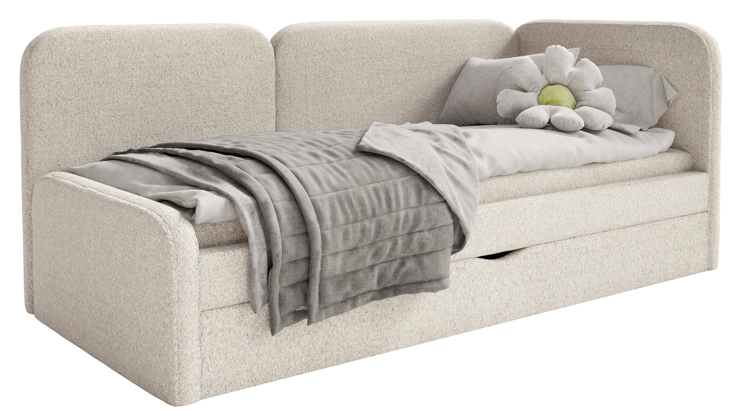 Jugendbett 90x200 cm Cuddy rechtsseitig mit Matratze und Aufbewahrungsbox, hellbeiger Plüsch, wasserabweisend