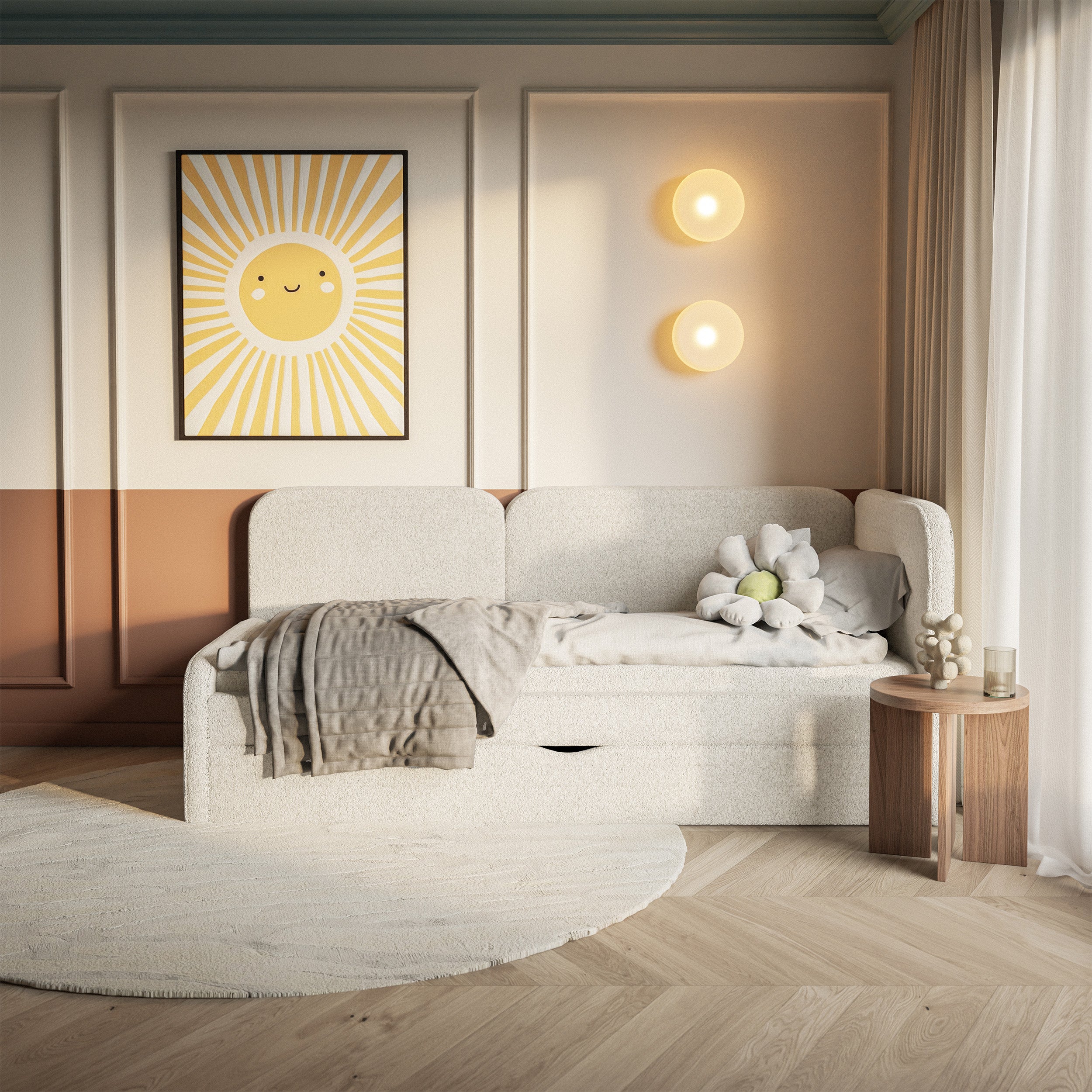 Jugendbett 90x200 cm Cuddy rechtsseitig mit Matratze und Aufbewahrungsbox, hellbeiger Plüsch, wasserabweisend