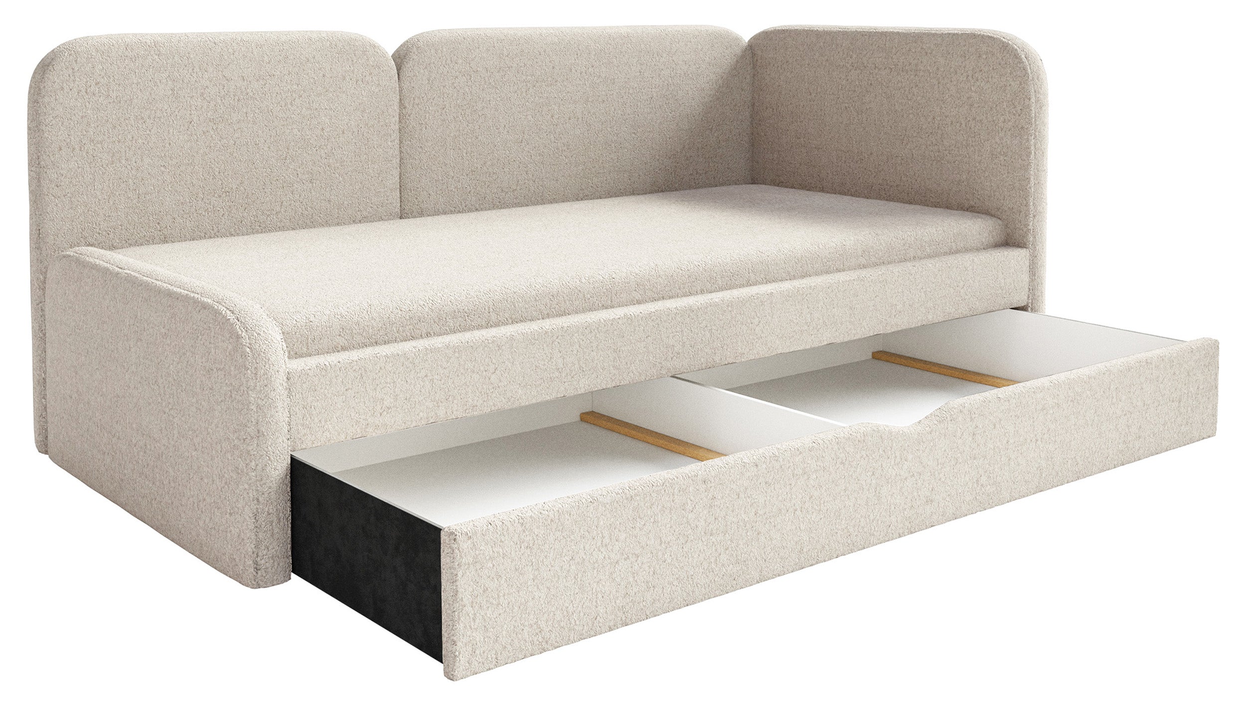 Jugendbett 90x200 cm Cuddy rechtsseitig mit Matratze und Aufbewahrungsbox, hellbeiger Plüsch, wasserabweisend
