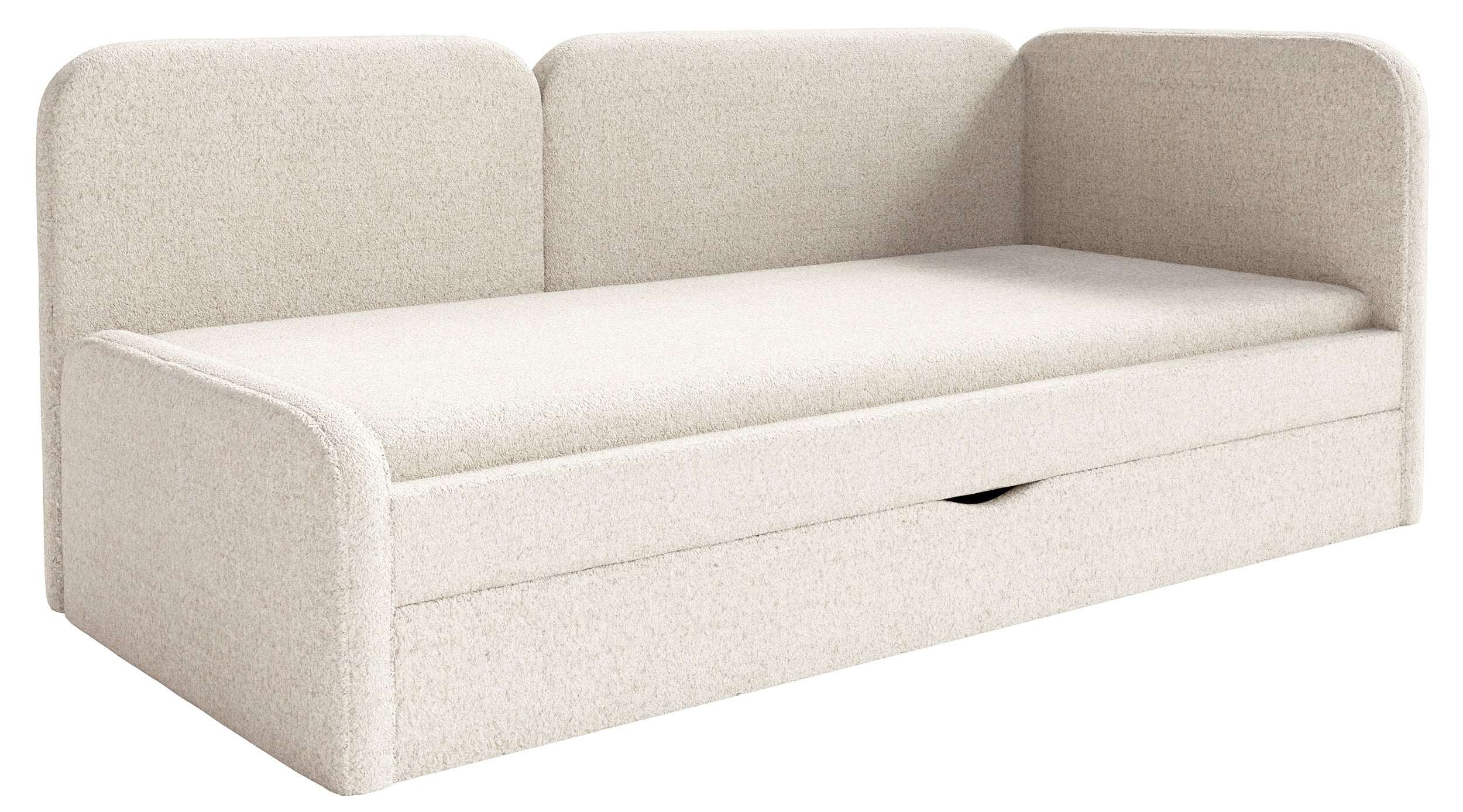 Jugendbett 90x200 cm Cuddy rechtsseitig mit Matratze und Aufbewahrungsbox, hellbeiger Plüsch, wasserabweisend