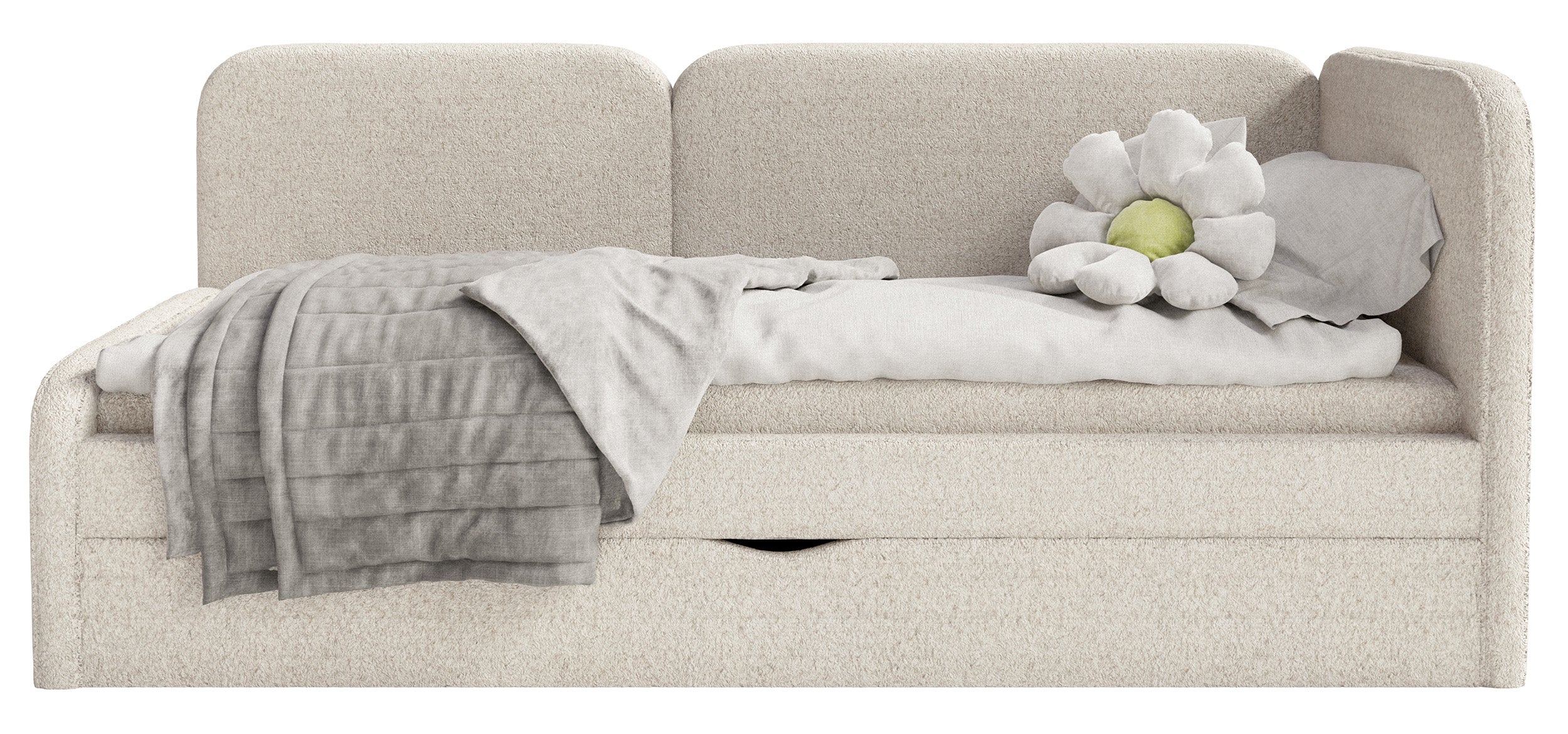 Jugendbett 90x200 cm Cuddy rechtsseitig mit Matratze und Aufbewahrungsbox, hellbeiger Plüsch, wasserabweisend