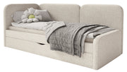 Jugendbett 90x200 cm Cuddy linksseitig mit Matratze und Aufbewahrungsbox, hellbeiger hydrofober Plüsch