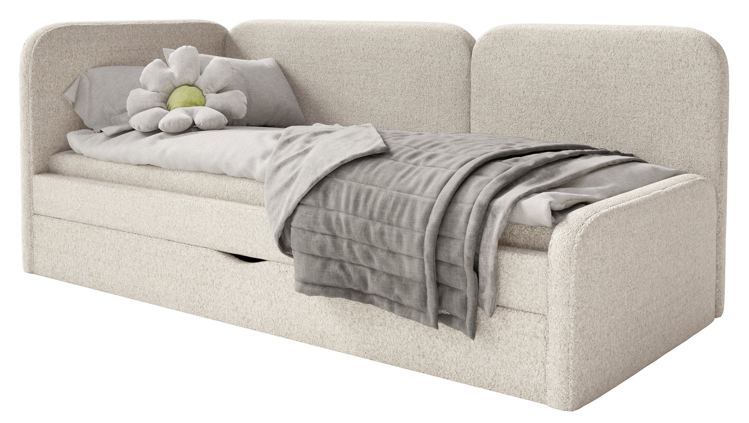 Jugendbett 90x200 cm Cuddy linksseitig mit Matratze und Aufbewahrungsbox, hellbeiger hydrofober Plüsch