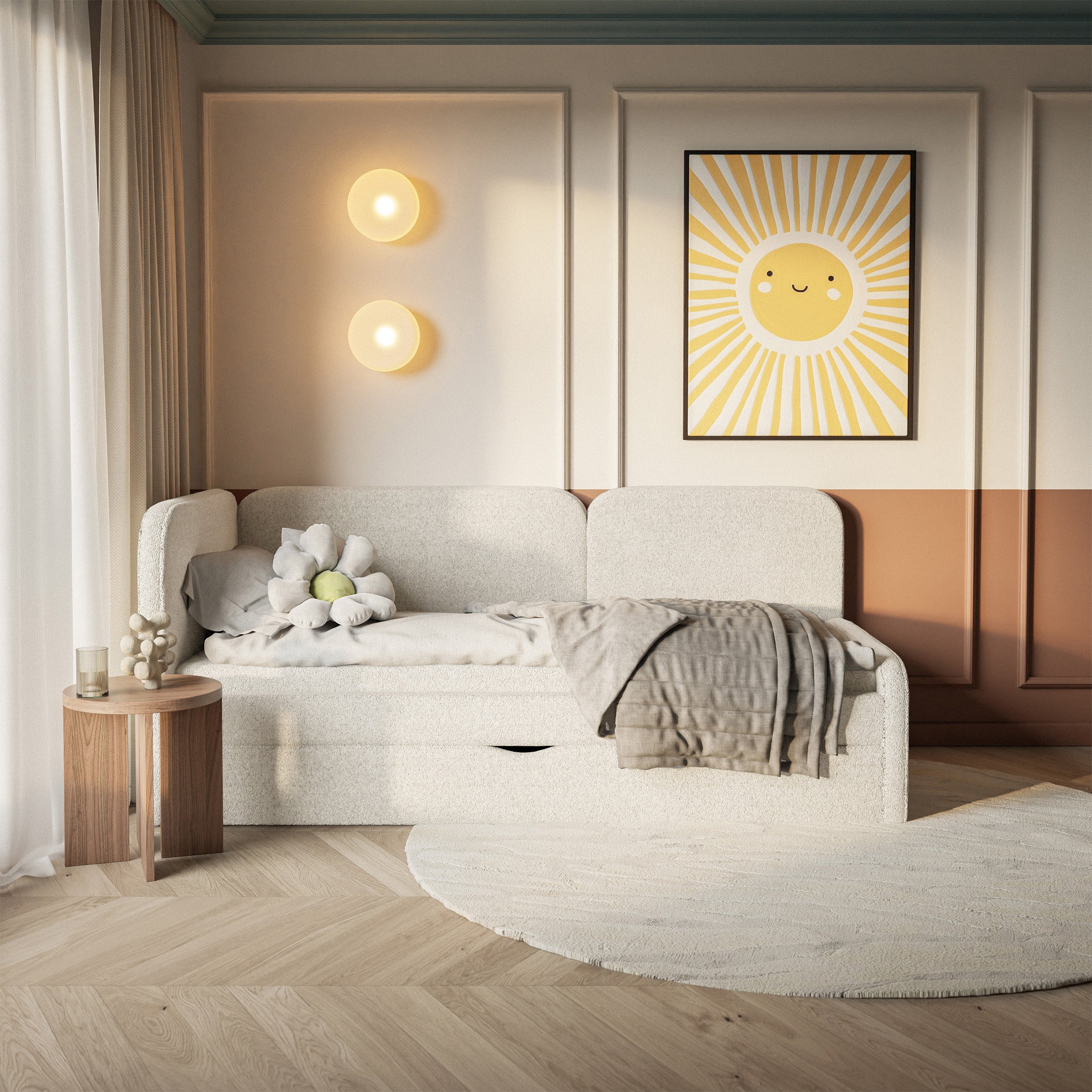 Jugendbett 90x200 cm Cuddy linksseitig mit Matratze und Aufbewahrungsbox, hellbeiger hydrofober Plüsch