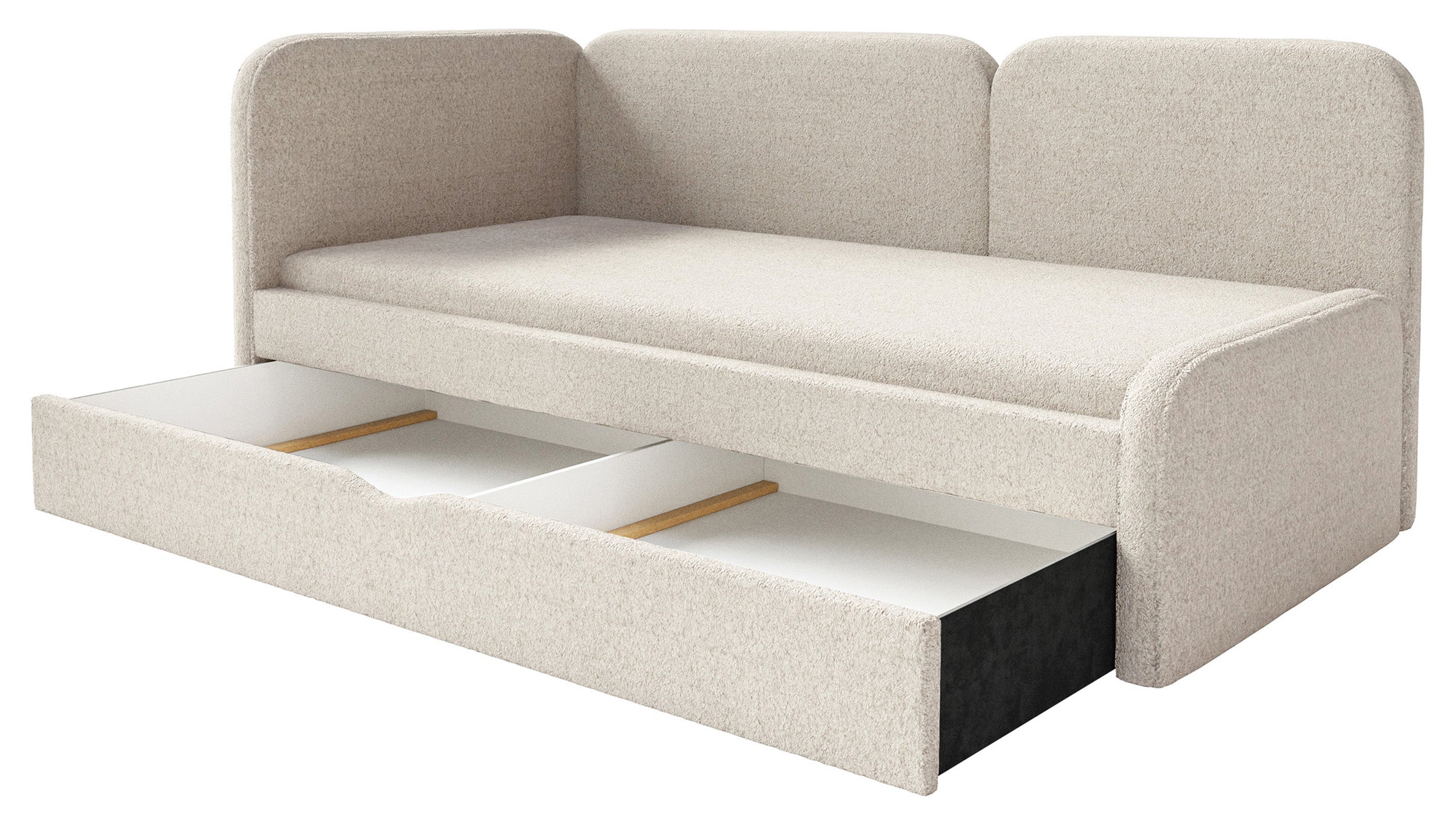 Jugendbett 90x200 cm Cuddy linksseitig mit Matratze und Aufbewahrungsbox, hellbeiger hydrofober Plüsch