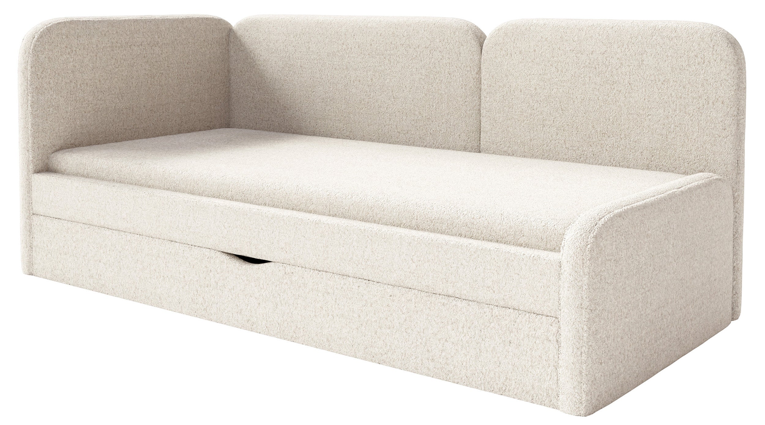 Jugendbett 90x200 cm Cuddy linksseitig mit Matratze und Aufbewahrungsbox, hellbeiger hydrofober Plüsch