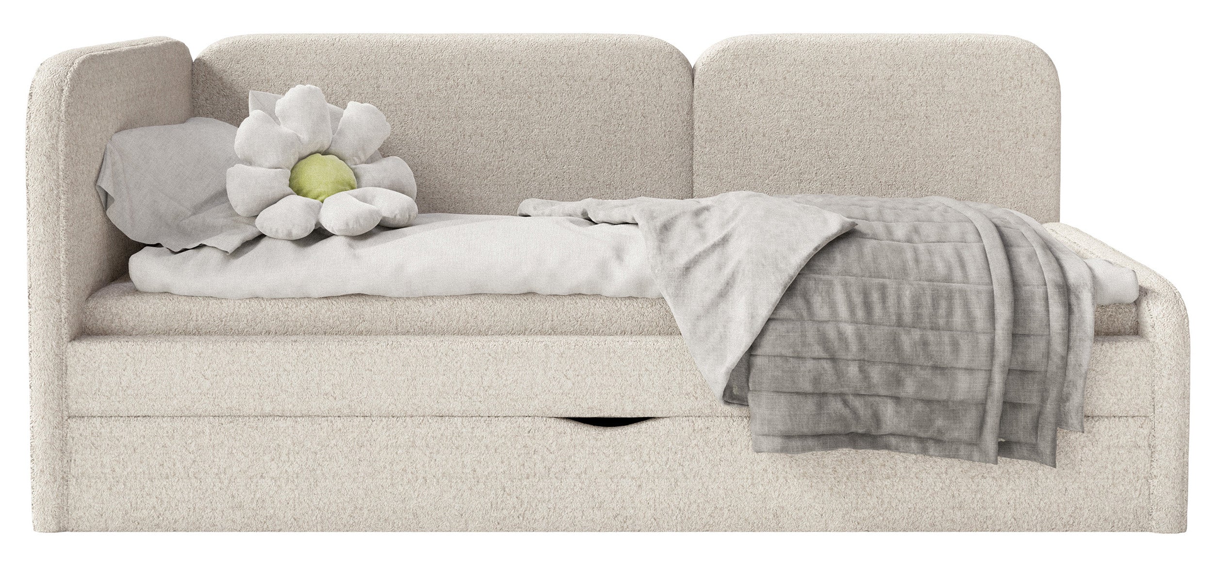 Jugendbett 90x200 cm Cuddy linksseitig mit Matratze und Aufbewahrungsbox, hellbeiger hydrofober Plüsch
